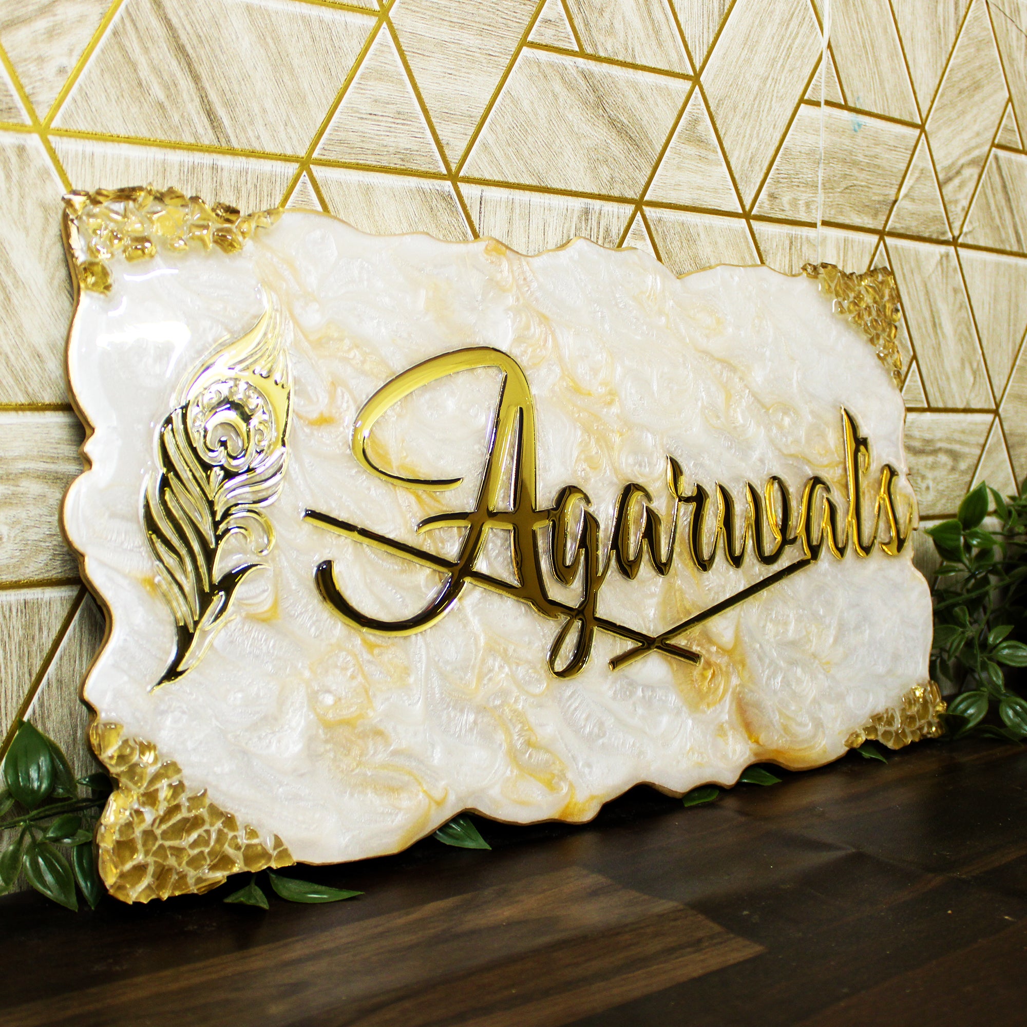 Majestic Gold Pearl Crest Insignia Name Plate for Home Entrance (Customizable)