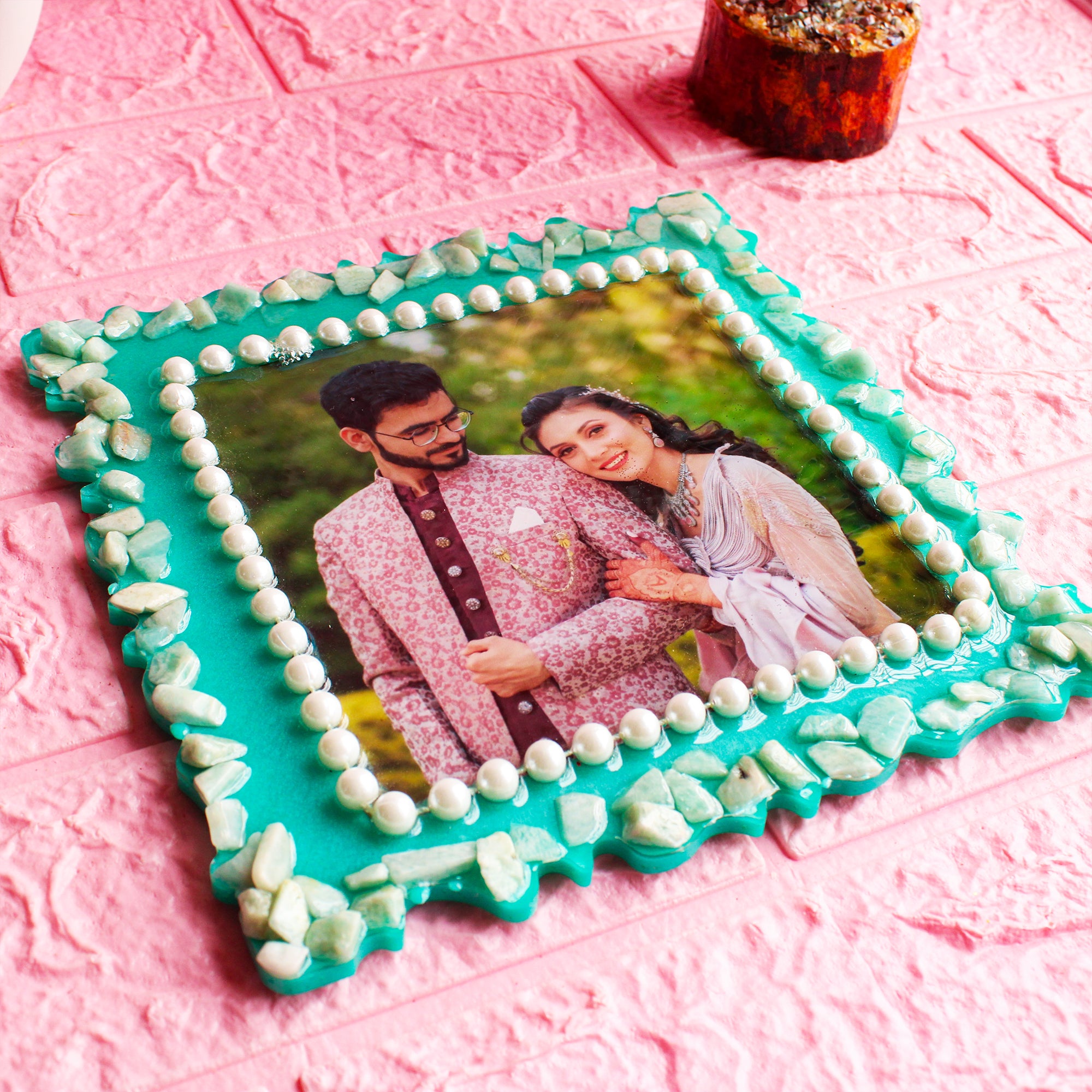 Teal Treasure Natural Stone Photo Frame (8 Inches Square) with Golden Metal Stand