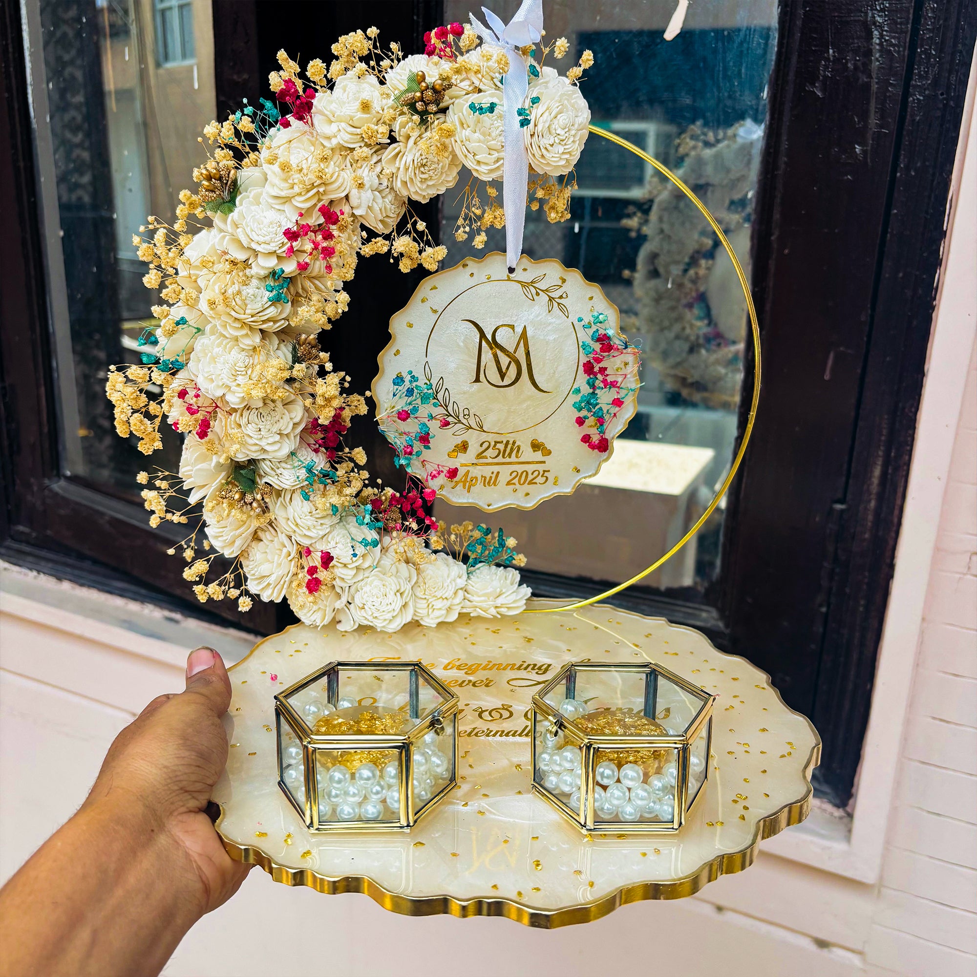 Rezica™ Royal Resin (Off White Themed) Engagement Ring Platter with 2 Premium Ring Boxes and Heavy Flower Hoop (10 Inch Base)