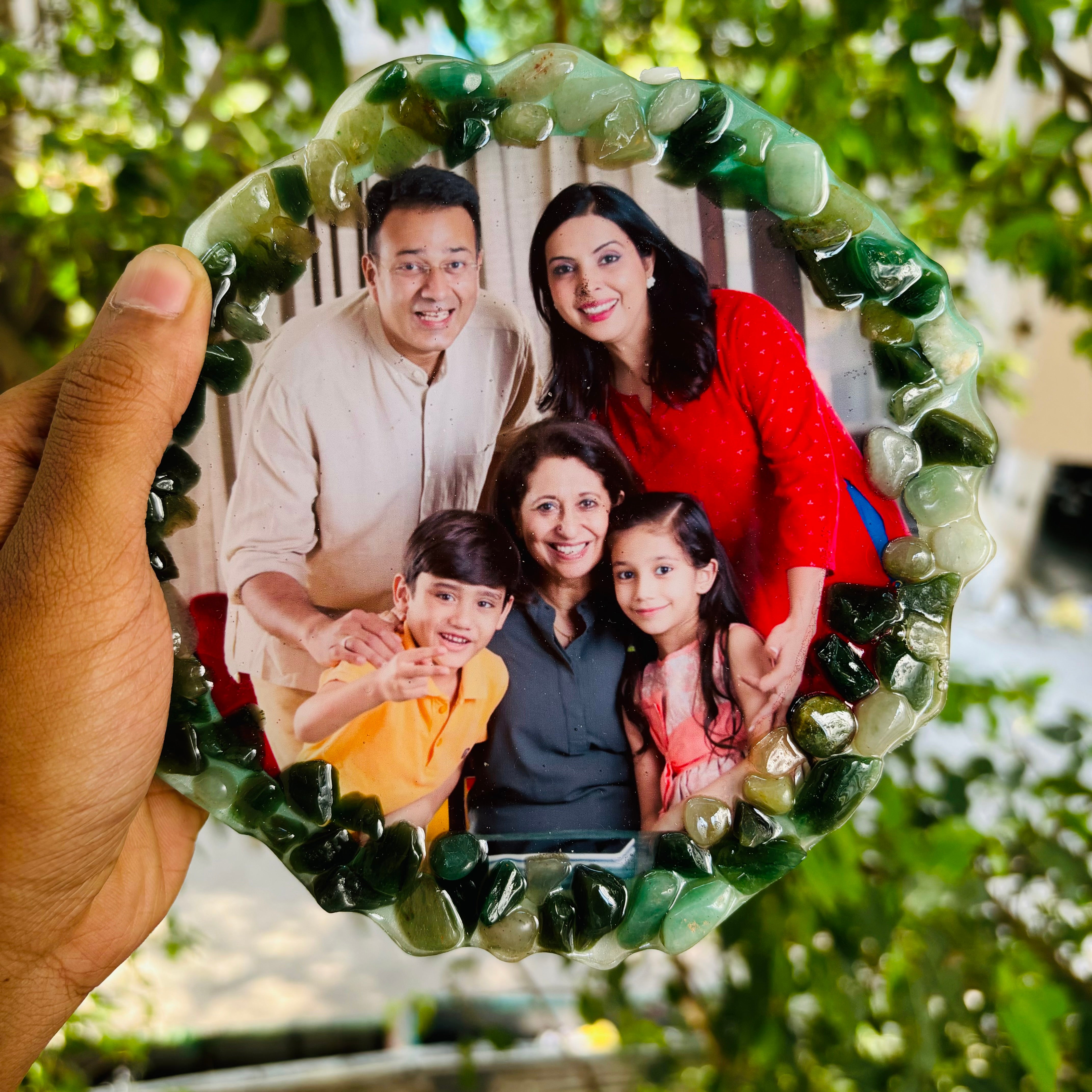 Verdant Aventurine Natural Stone Customized Photo Frame 6 Inches with Golden Metal Stand
