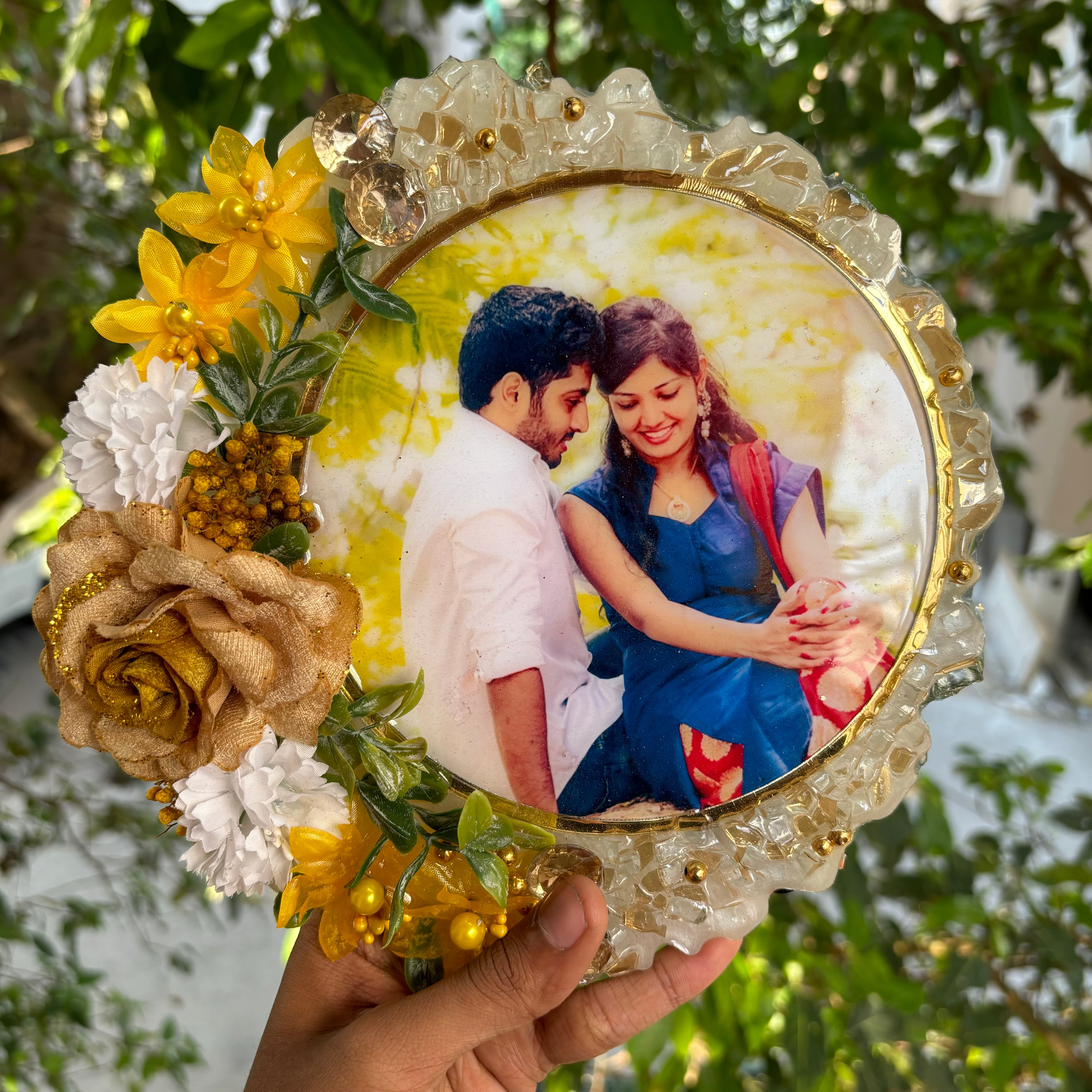 Citrine Floral Elegance Customized Photo Frame 8 Inches with Golden Stand