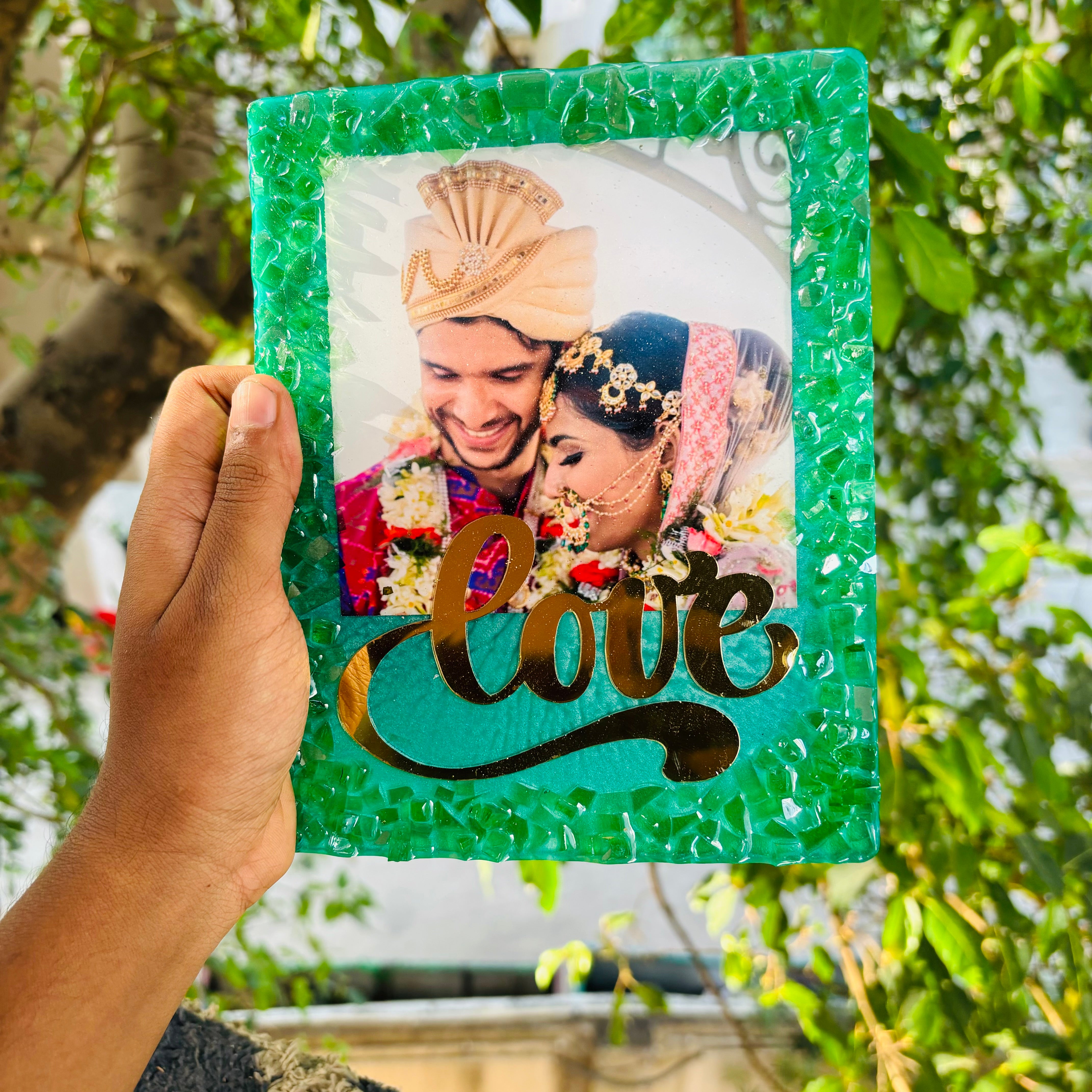 Emerald Ember Customized Photo Frame 8x6 Inches with Golden Stand