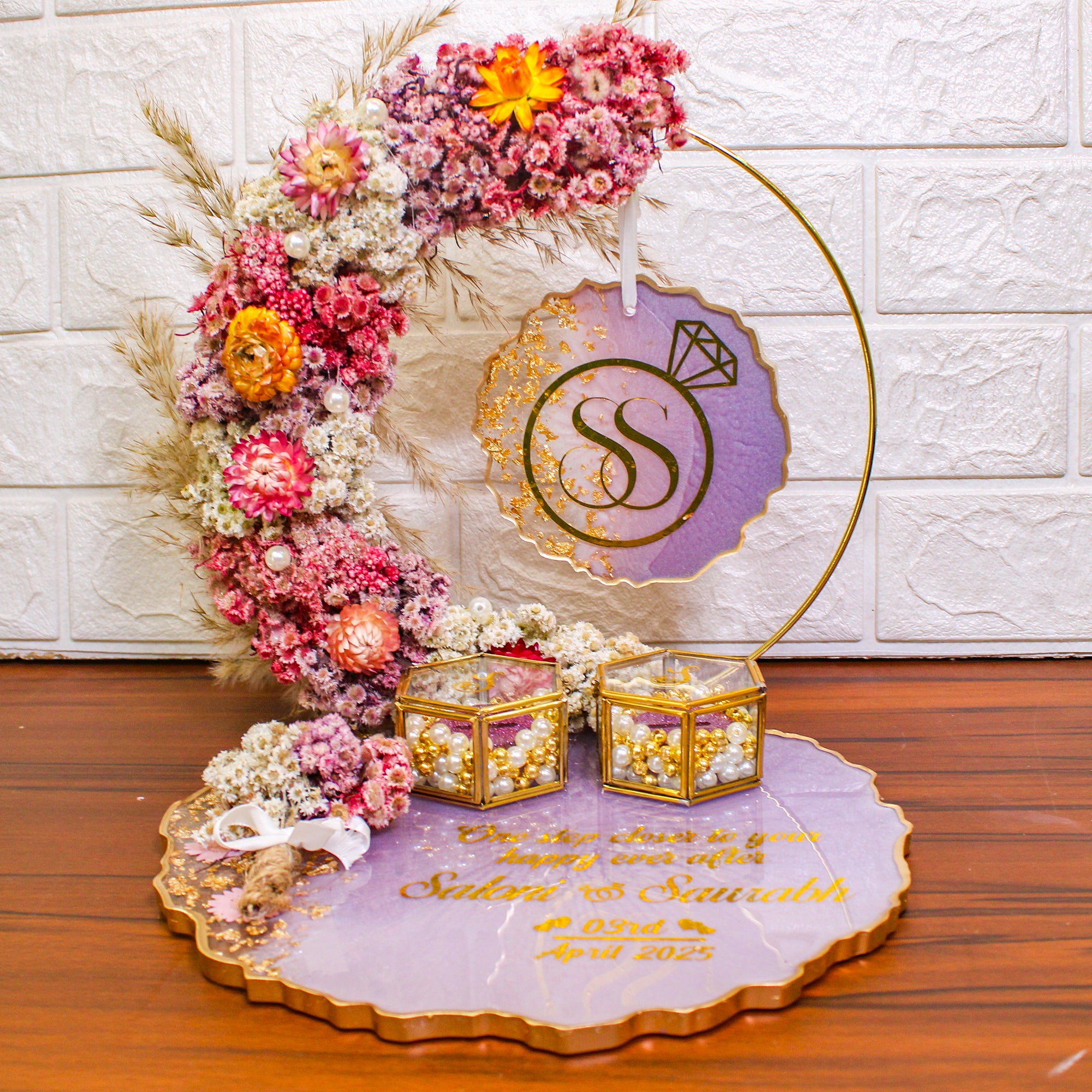Rezica™ Royal Resin (Royal Floral Themed) Engagement Ring Platter with 2 Premium Ring Boxes and Heavy Flower Hoop (10 Inch Base)