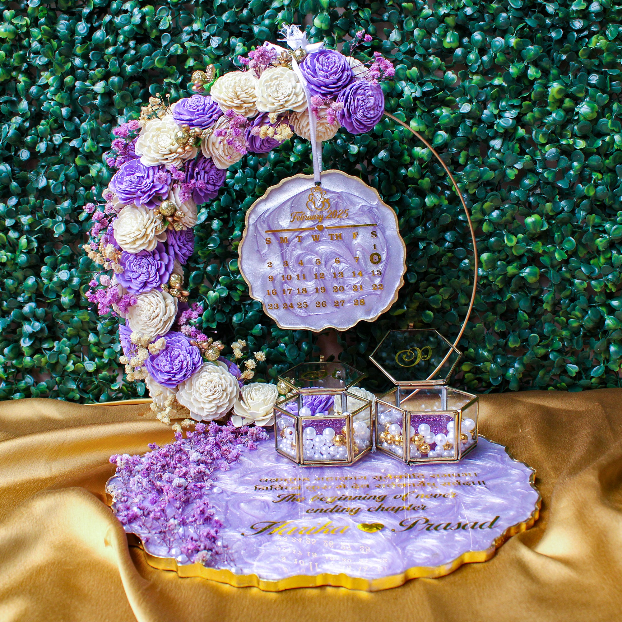 Rezica™ Royal Resin (Lavender Floral) Engagement Ring Platter with 2 Premium Ring Boxes and Heavy Flower Hoop (10 Inch Base)