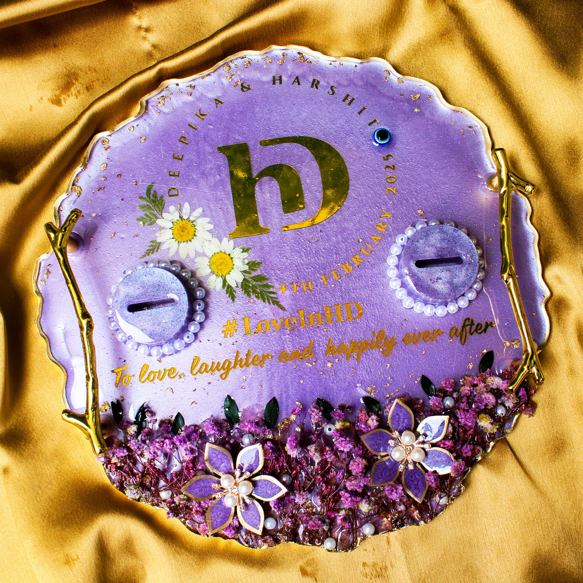 Rezica™ Royal Resin (Lavender Floral) Wedding Engagement Ring Platter with 2 Premium Ring Boxes made with Real Dry Flowers (10 Inches)