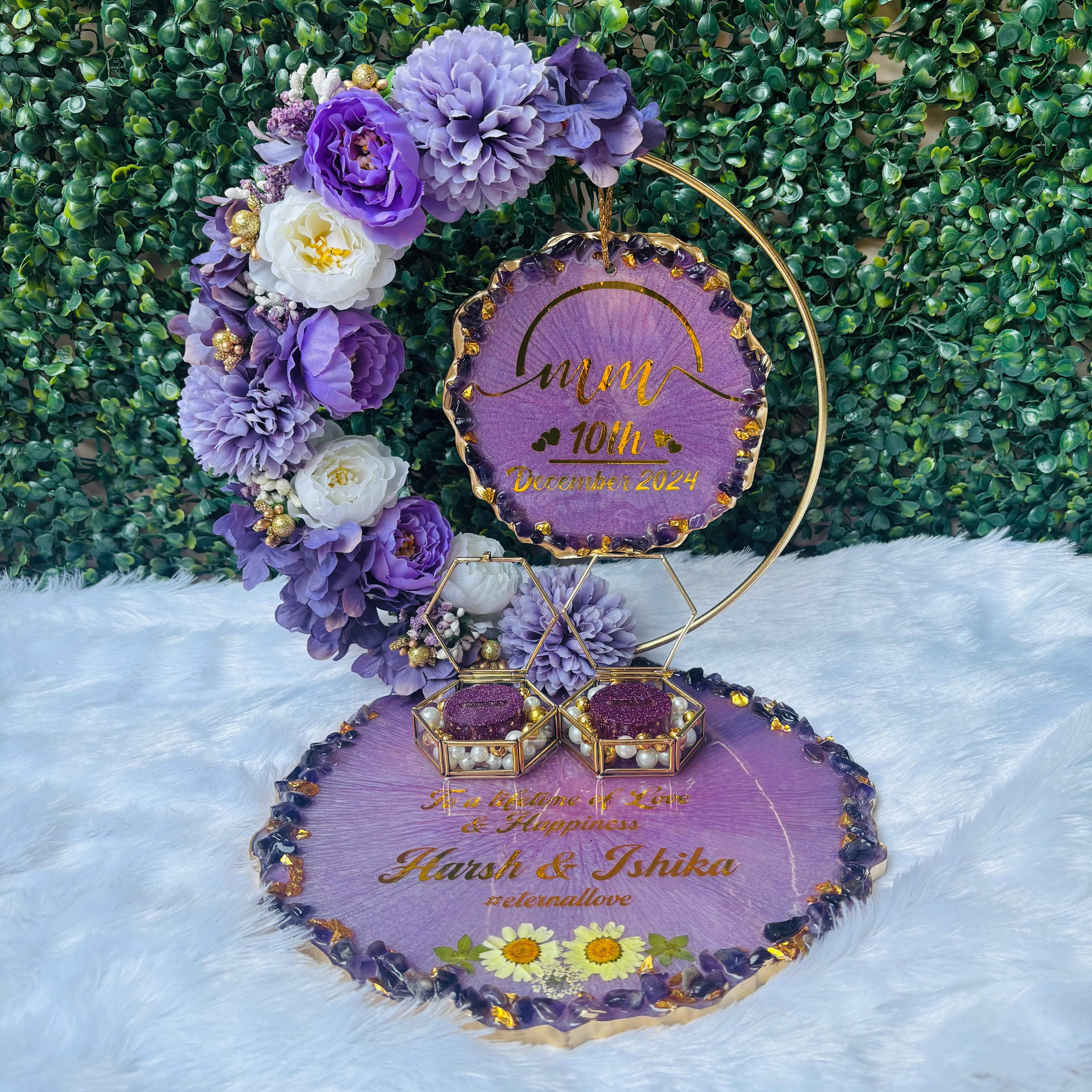Rezica™ Royal Resin (Purple Themed) Wedding Engagement Ring Platter with 2 Premium Ring Boxes and Heavy Flower Hoop
