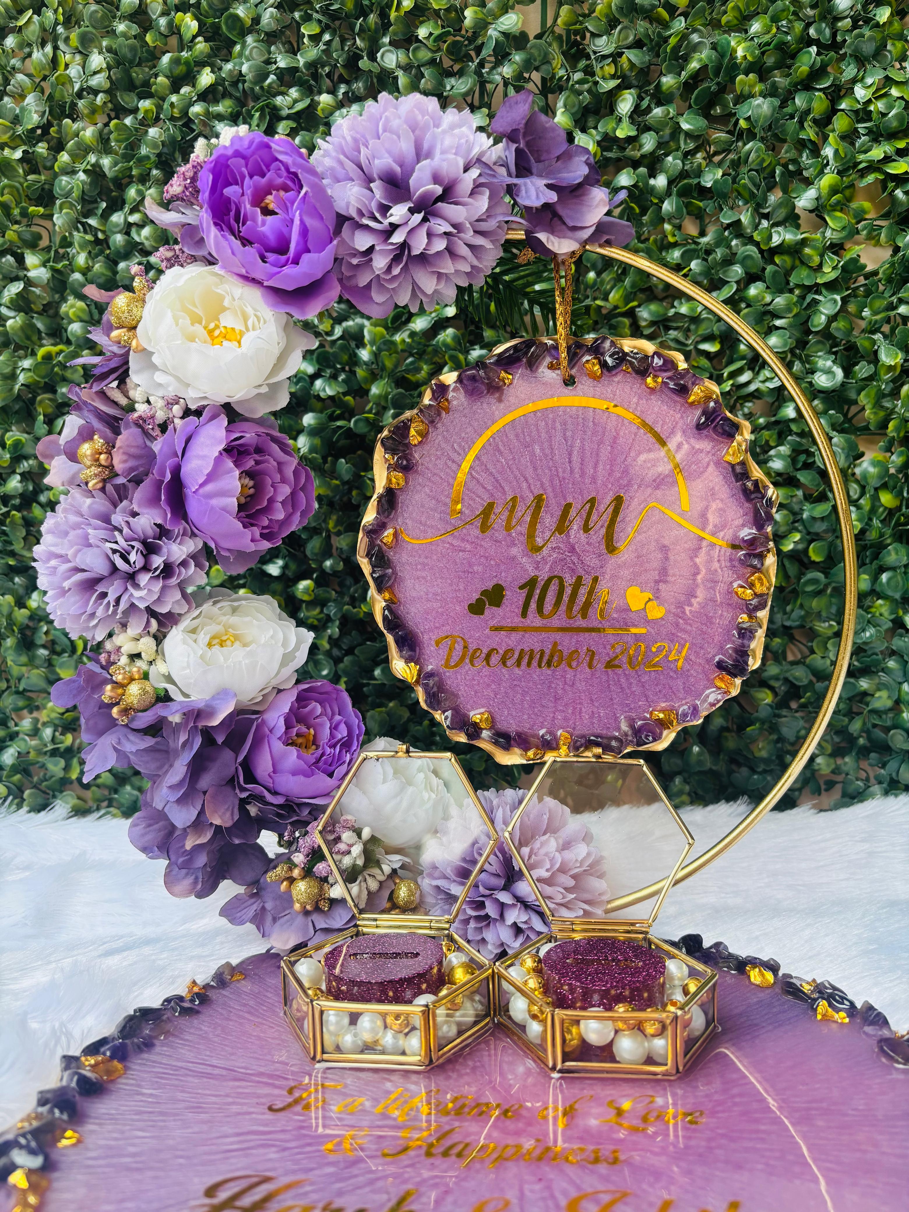Rezica™ Royal Resin (Purple Themed) Wedding Engagement Ring Platter with 2 Premium Ring Boxes and Heavy Flower Hoop
