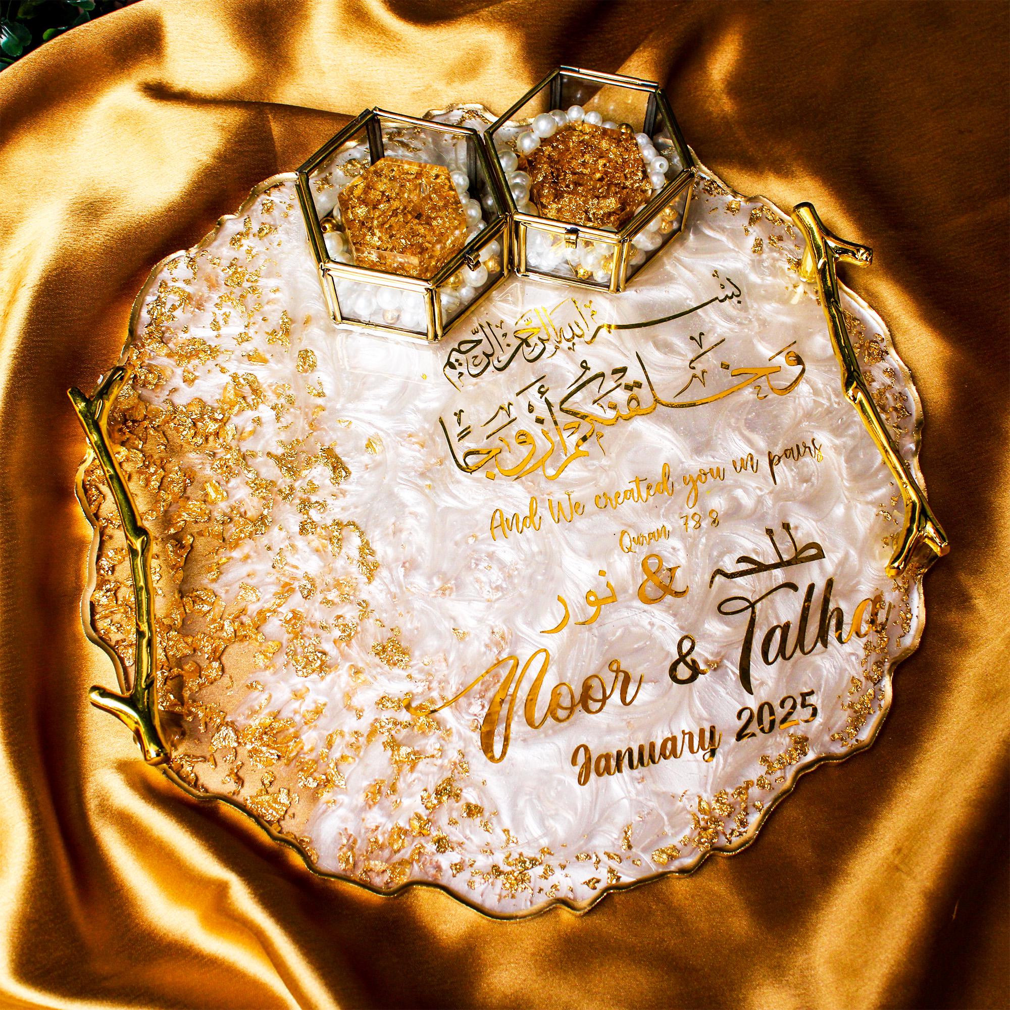 Rezica™ Royal Resin (Royale Gold Themed) Wedding Engagement Ring Platter with 2 Premium Ring Boxes made with Real Dry Flowers (10 Inches)