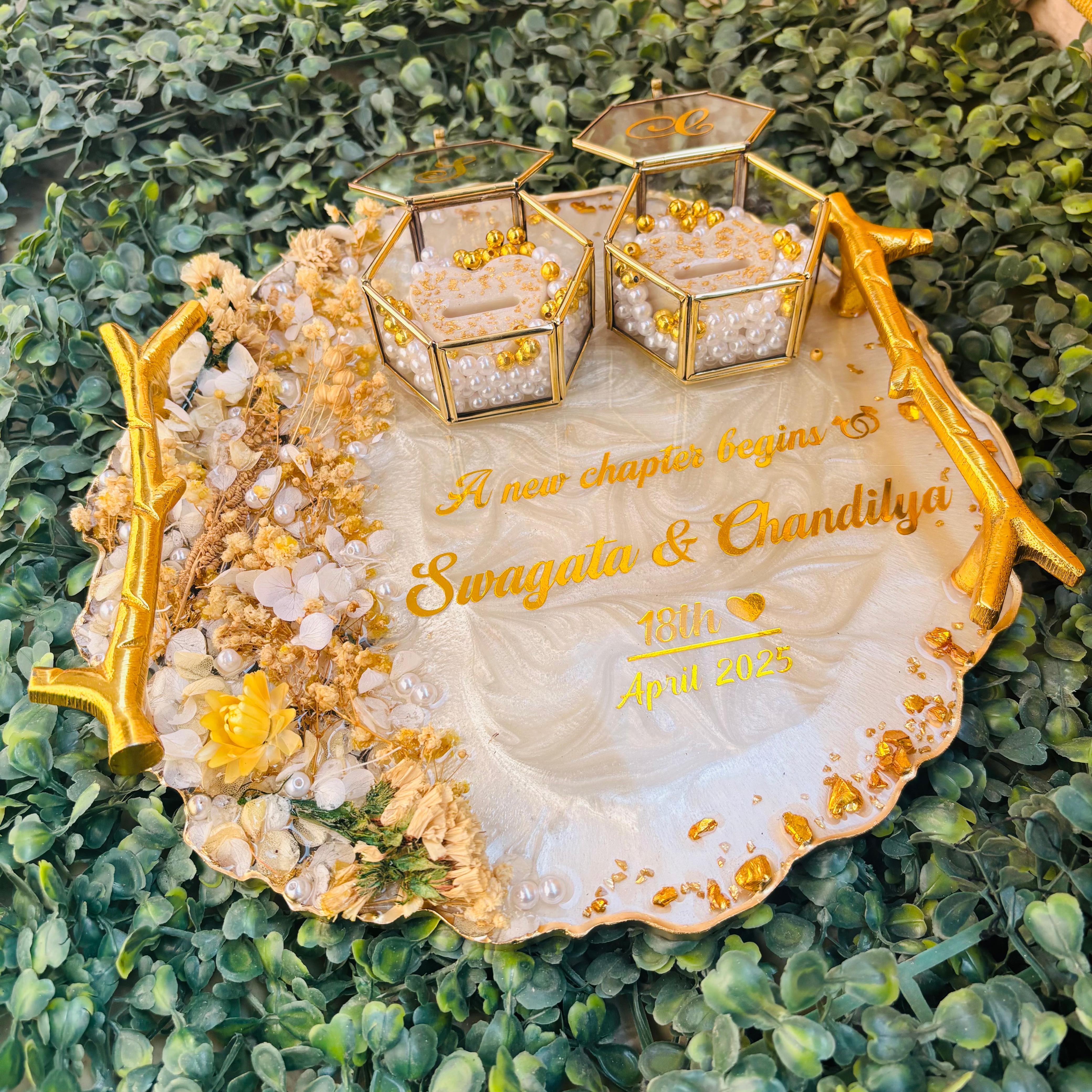 Rezica™ Royal Resin (White N Beige) Wedding Engagement Ring Platter with 2 Premium Ring Boxes made with Real Dry Flowers (10 Inches)