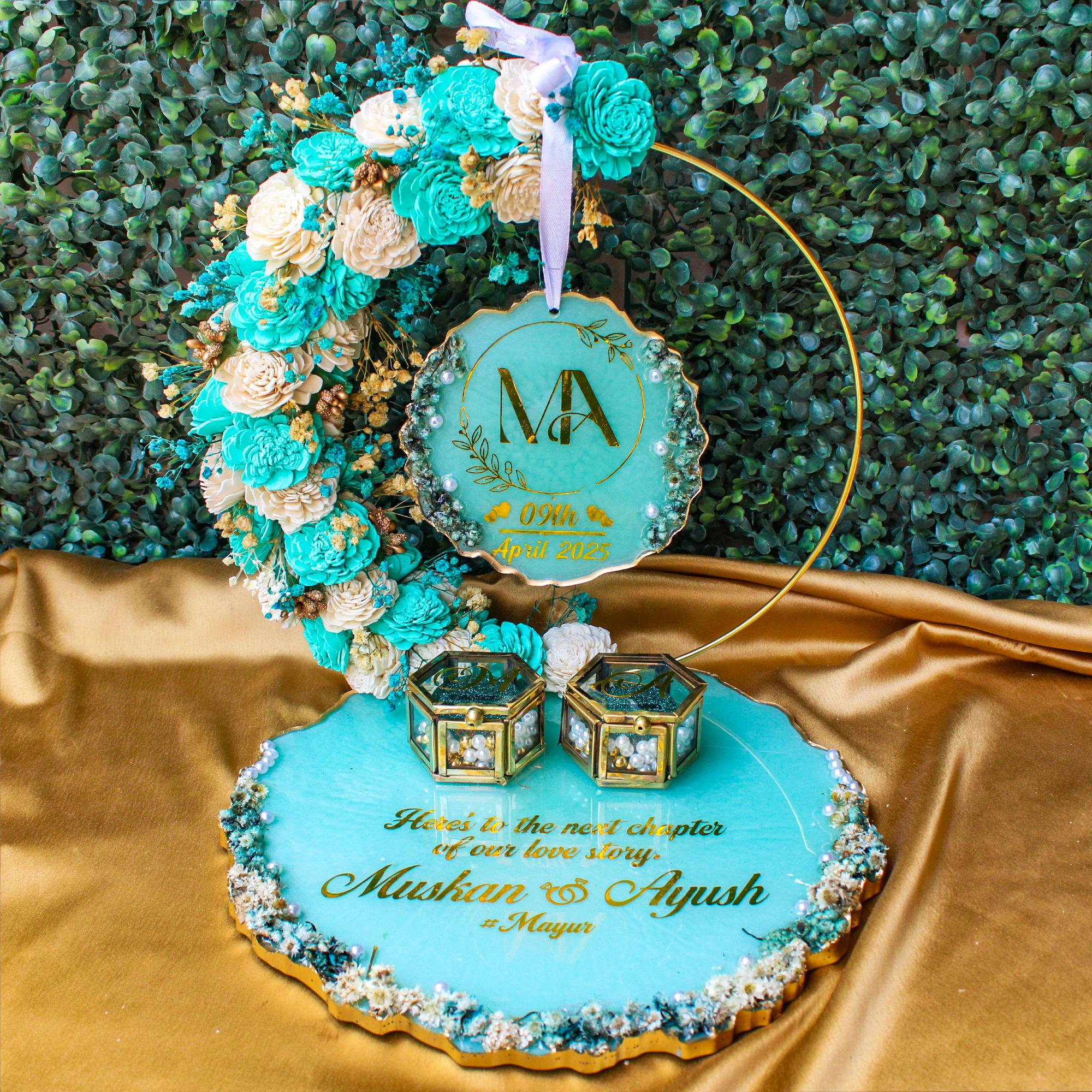 Rezica™ Royal Resin (Aqua n White Themed) Engagement Ring Platter with 2 Premium Ring Boxes and Heavy Flower Hoop (10 Inch Base)