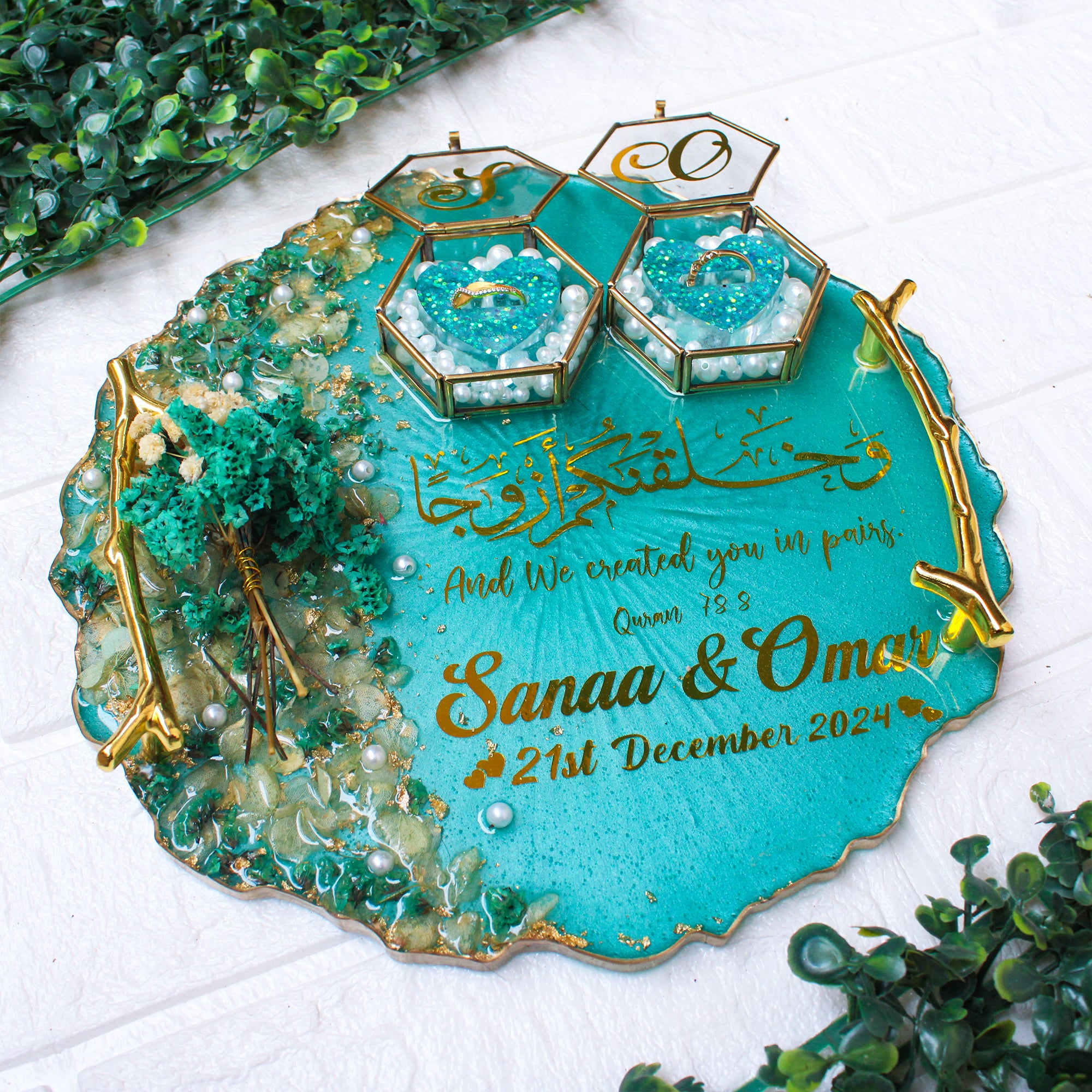 Rezica™ Royal Resin (Aqua Bliss) Wedding Engagement Ring Platter with 2 Premium Ring Boxes made with Real Dry Flowers (10 Inches)