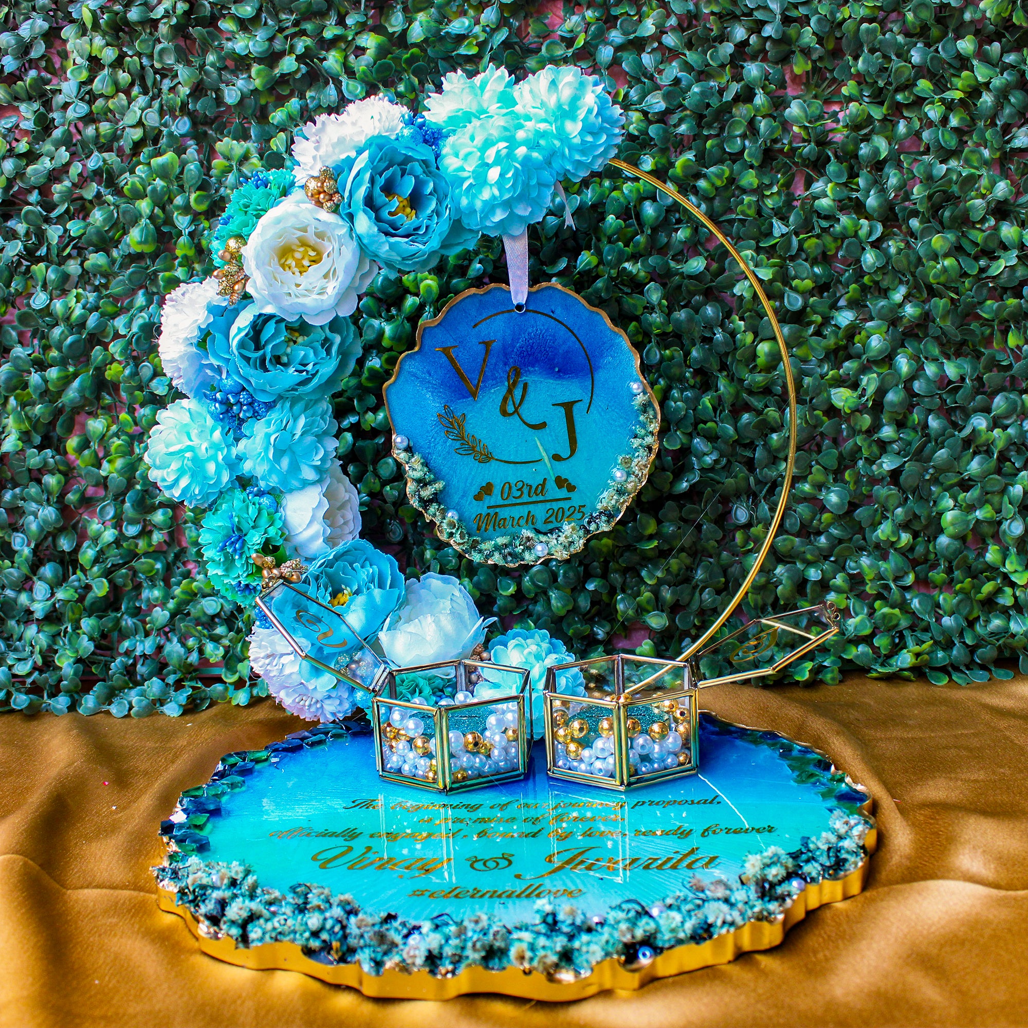 Rezica™ Royal Resin (Aqua Blue Themed) Wedding Engagement Ring Platter with 2 Premium Ring Boxes and Heavy Flower Hoop