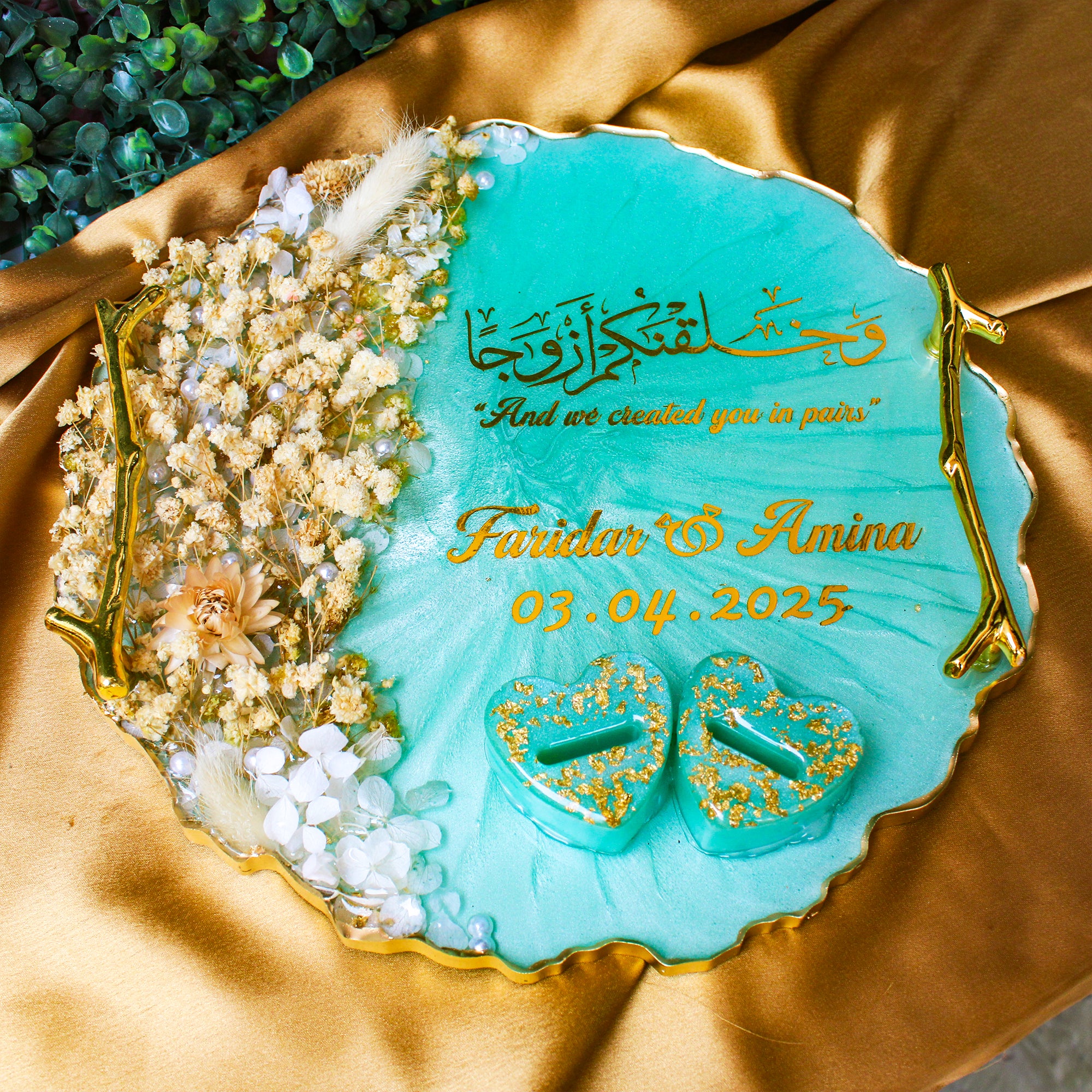 Rezica™ Royal Resin (Aqua White) Wedding Engagement Ring Platter with 2 Premium Ring Boxes made with Real Dry Flowers (10 Inches)