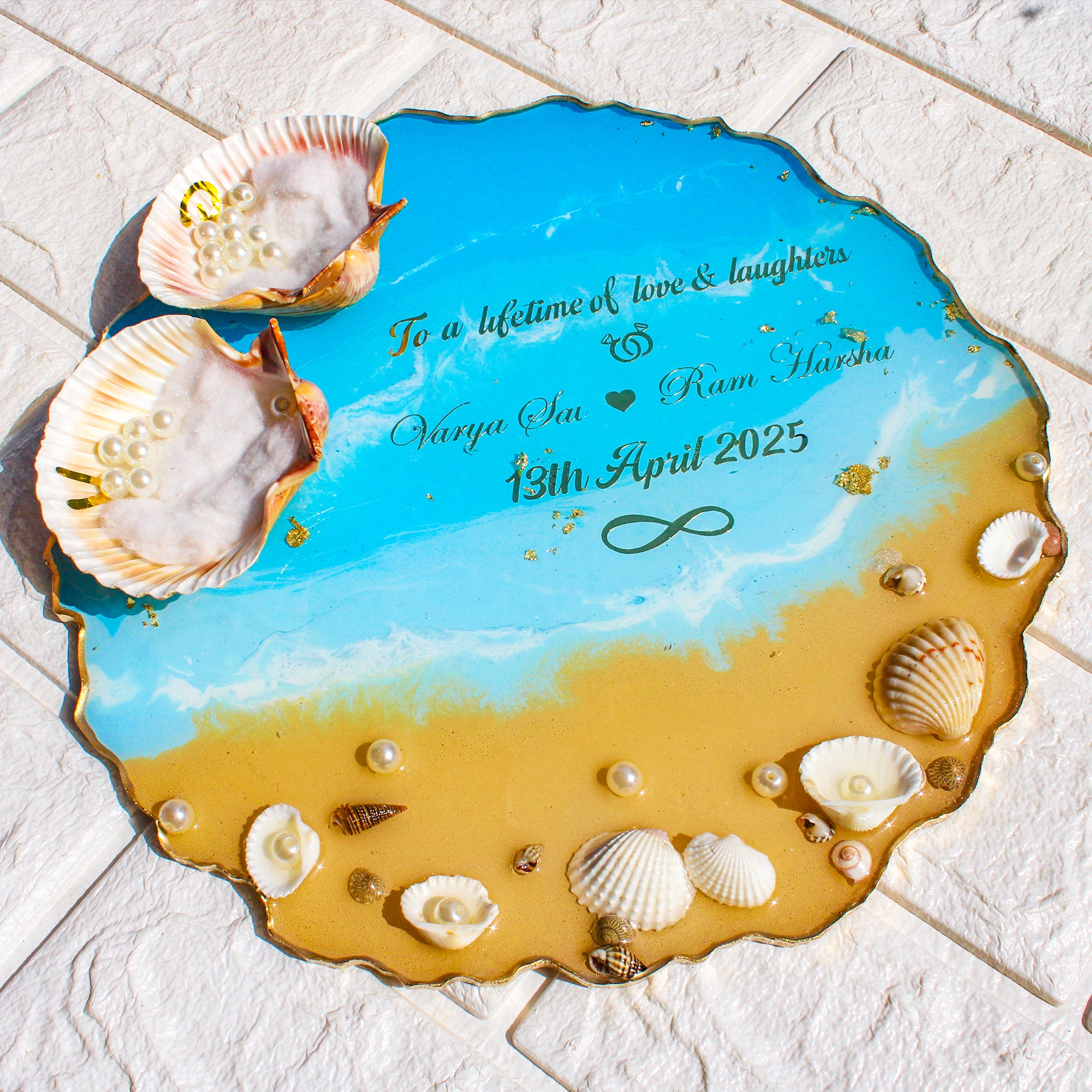 Rezica™ Royal Resin (Beach Themed) Wedding Engagement Ring Platter with 2 Premium Ring Boxes made with Real Dry Flowers (10 Inches)