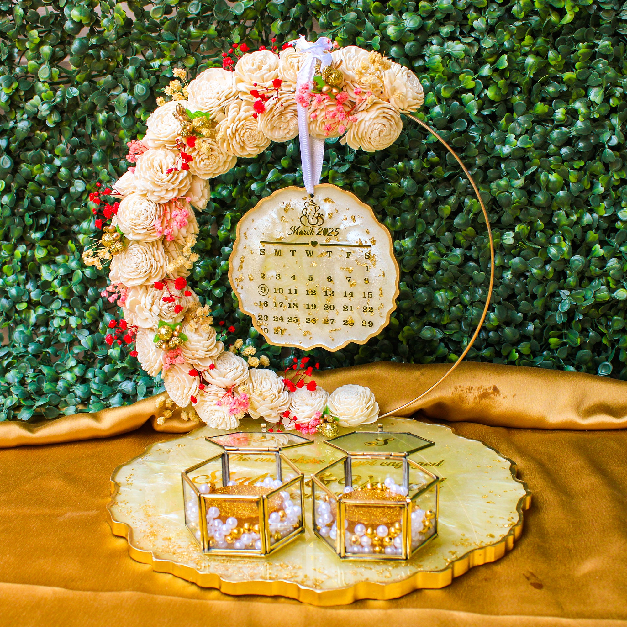 Rezica™ Royal Resin (Beige White Themed) Wedding Engagement Ring Platter with 2 Premium Ring Boxes and Heavy Flower Hoop (10 Inch Base)