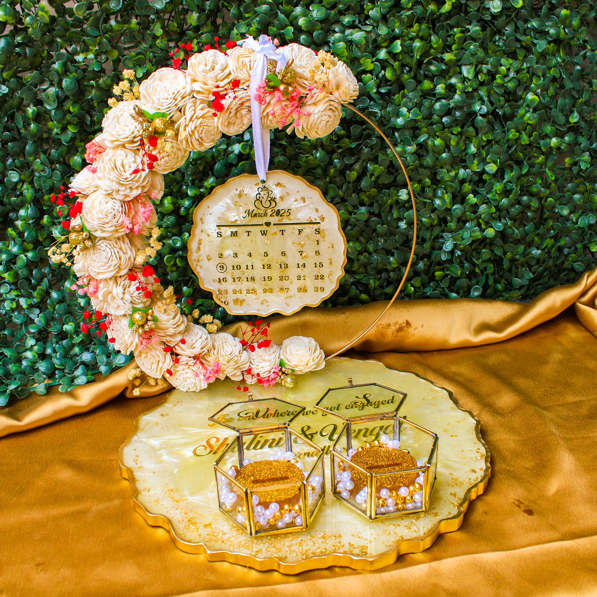 Rezica™ Royal Resin (Beige White Themed) Wedding Engagement Ring Platter with 2 Premium Ring Boxes and Heavy Flower Hoop (10 Inch Base)
