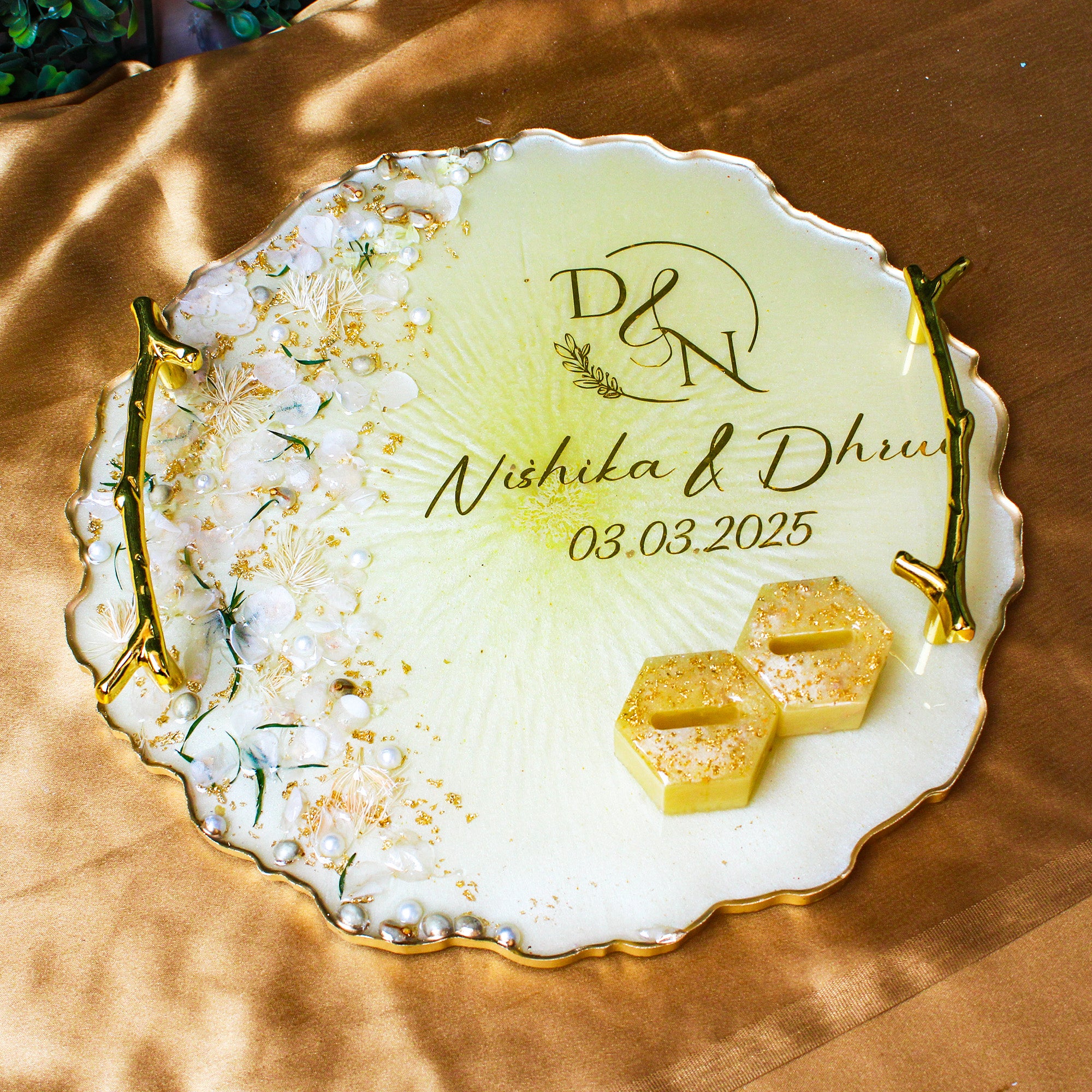 Rezica™ Royal Resin (Beige Themed) Wedding Engagement Ring Platter with 2 Premium Ring Boxes made with Real Dry Flowers (10 Inches)