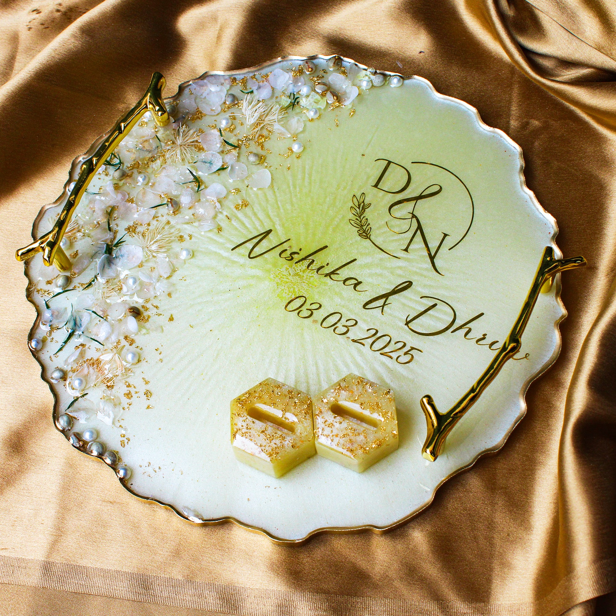 Rezica™ Royal Resin (Beige Themed) Wedding Engagement Ring Platter with 2 Premium Ring Boxes made with Real Dry Flowers (10 Inches)