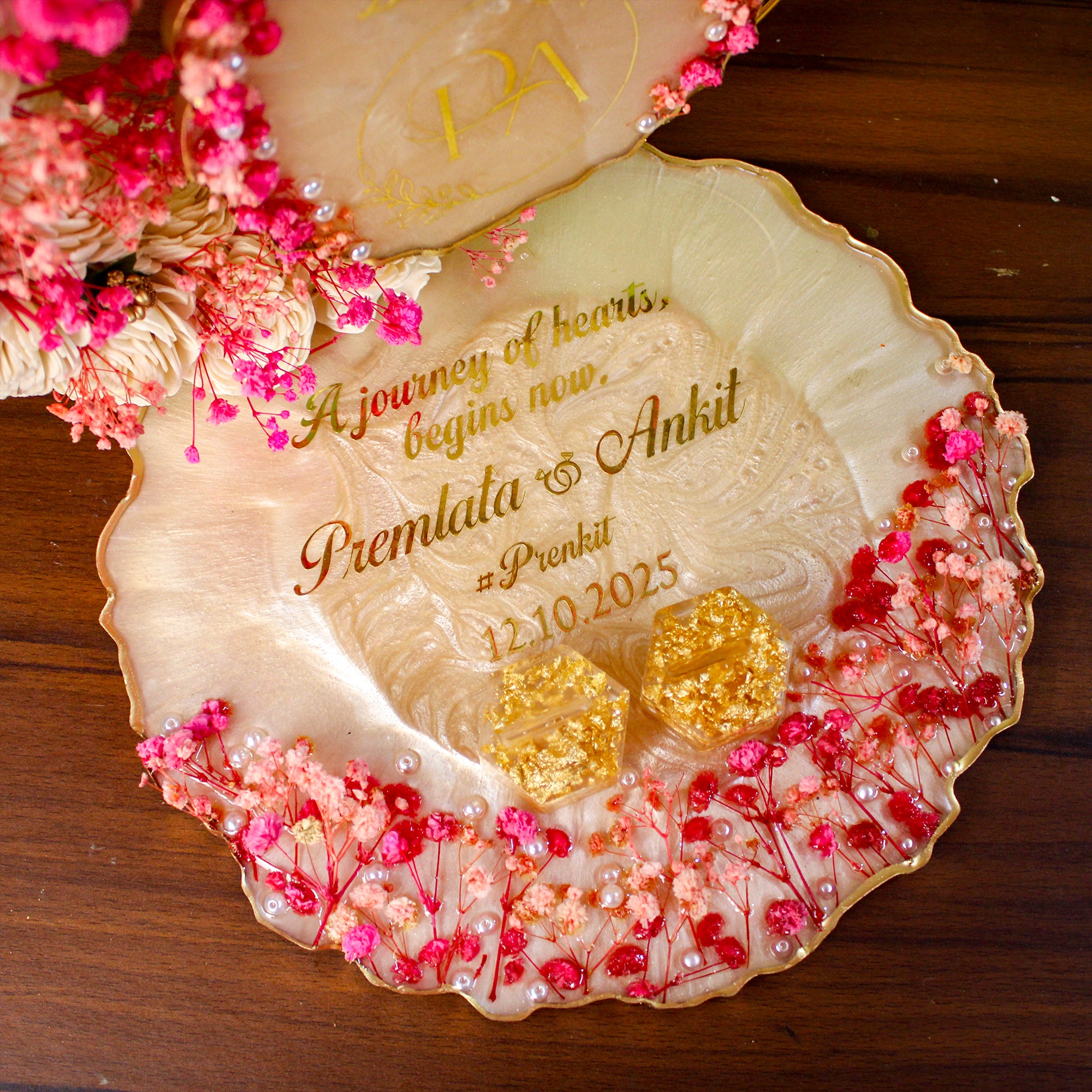 Rezica™ Royal Resin (Hot Pink & Sand) Engagement Ring Platter with 2 Premium Ring Boxes and Heavy Flower Hoop