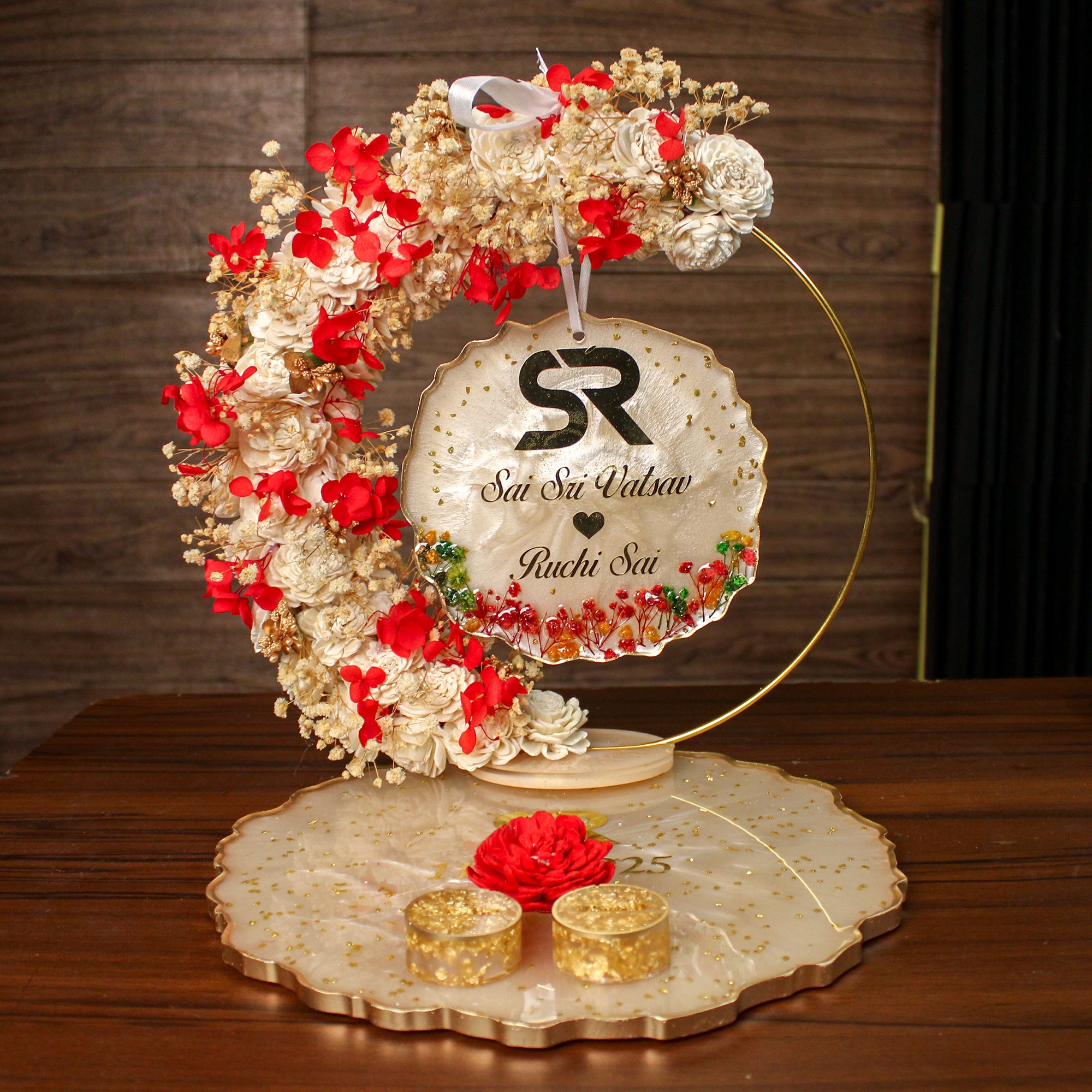 Rezica™ Royal Resin (Beige–Scarlet) Engagement Ring Platter with 2 Premium Ring Boxes and Heavy Flower Hoop