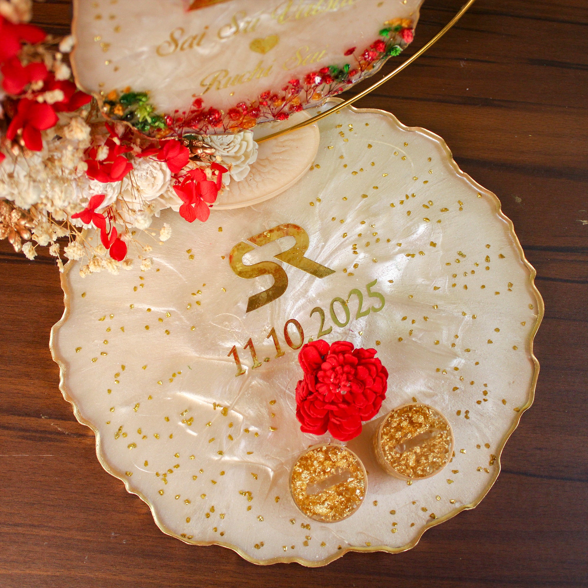 Rezica™ Royal Resin (Beige–Scarlet) Engagement Ring Platter with 2 Premium Ring Boxes and Heavy Flower Hoop