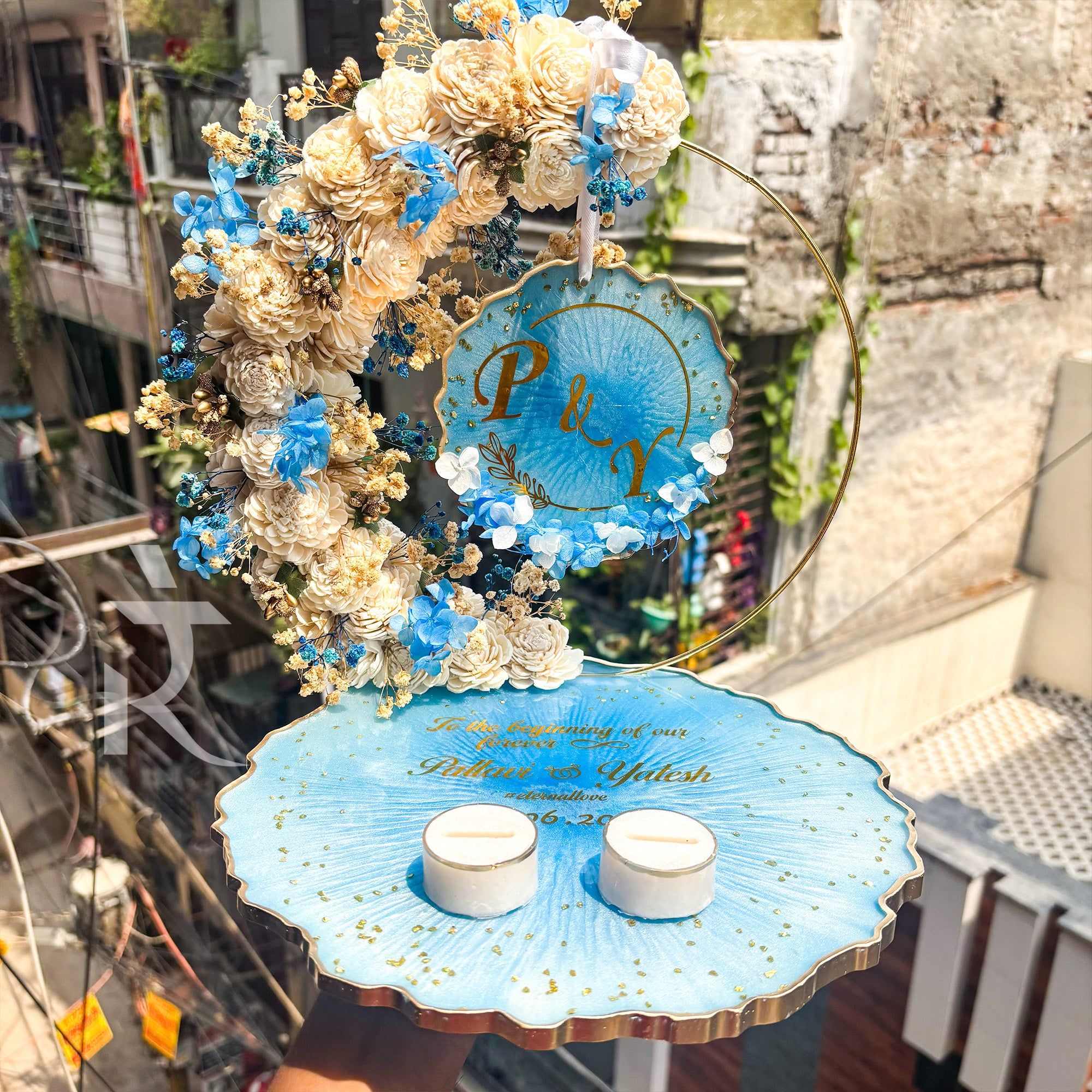 Rezica™ Royal Resin (White n Blue ) Engagement Ring Platter with 2 Premium Ring Boxes and Heavy Flower Hoop (10 Inch Base)