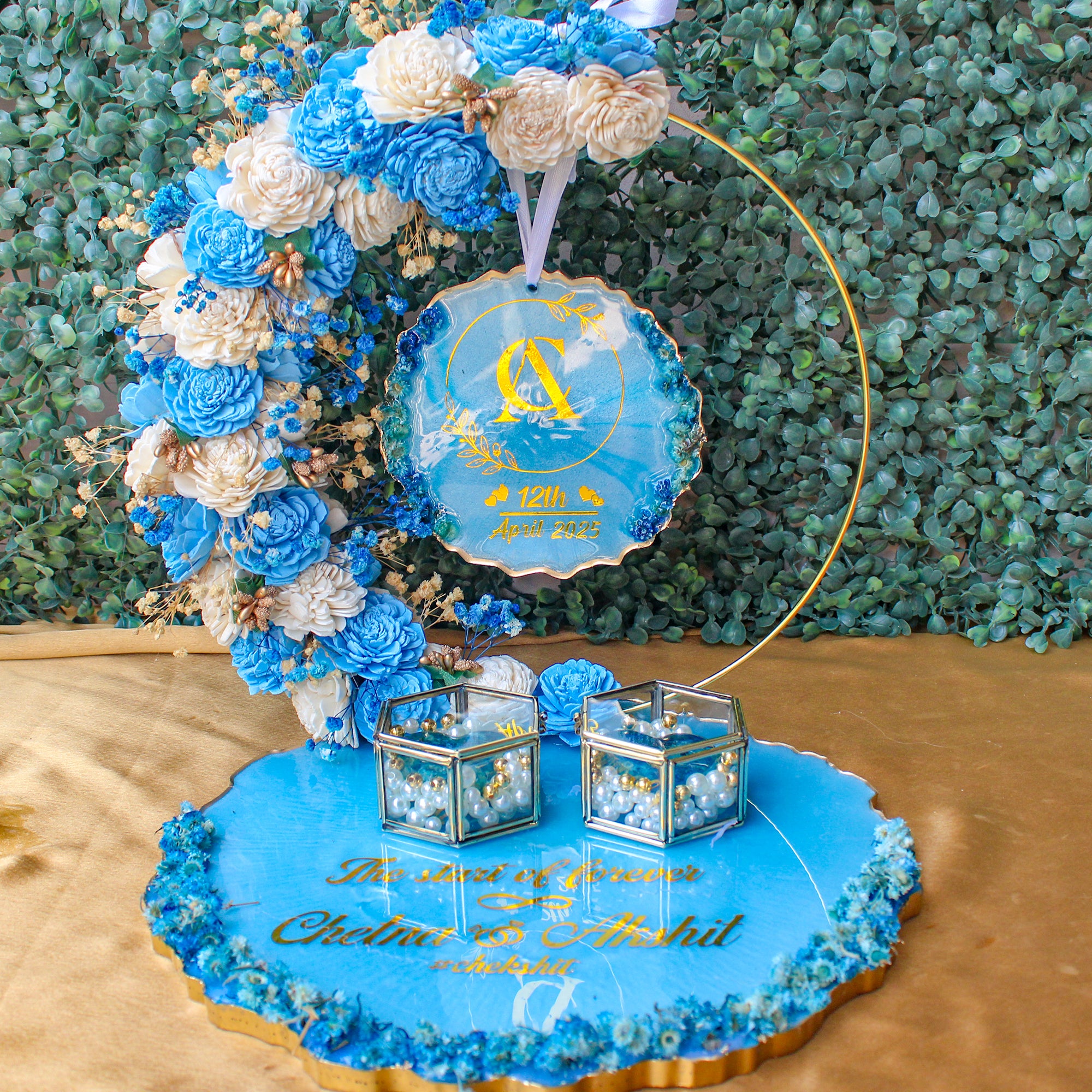 Rezica™ Royal Resin (White n Blue Royal) Engagement Ring Platter with 2 Premium Ring Boxes and Heavy Flower Hoop (10 Inch Base)