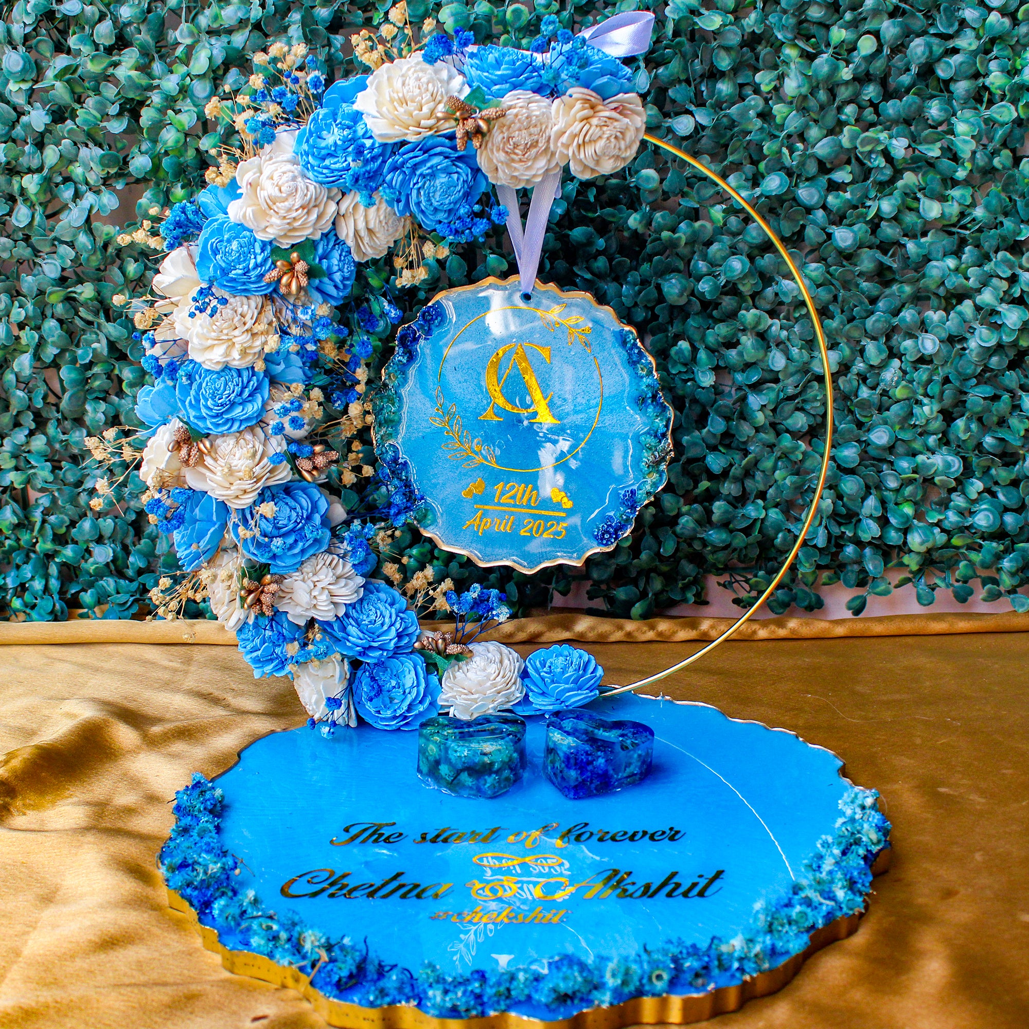 Rezica™ Royal Resin (White n Blue Royal) Engagement Ring Platter with 2 Premium Ring Boxes and Heavy Flower Hoop (10 Inch Base)