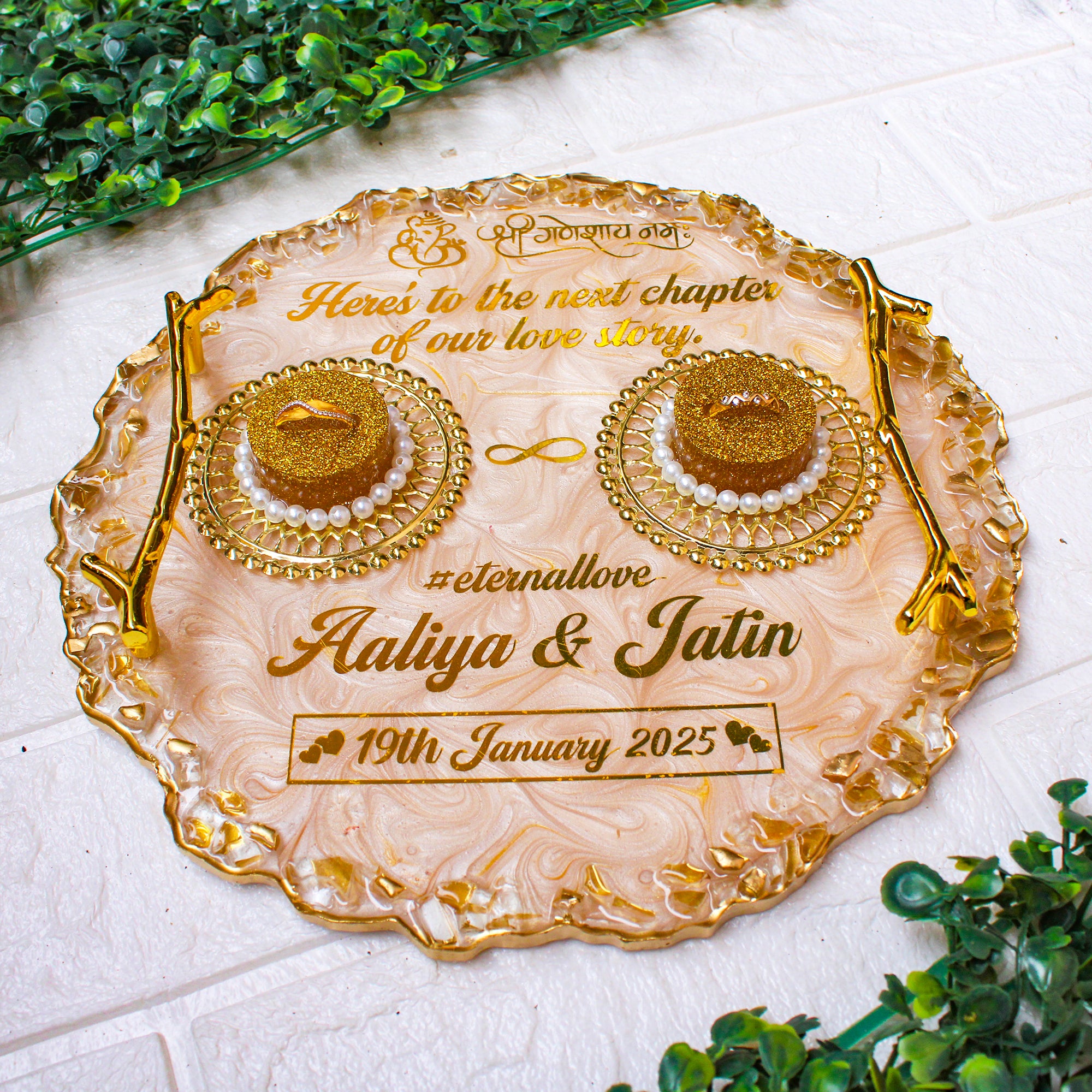 Rezica™ Royal Resin (Golden Gleam) Wedding Engagement Ring Platter with 2 Premium Ring Boxes made with Real Dry Flowers (10 Inches)