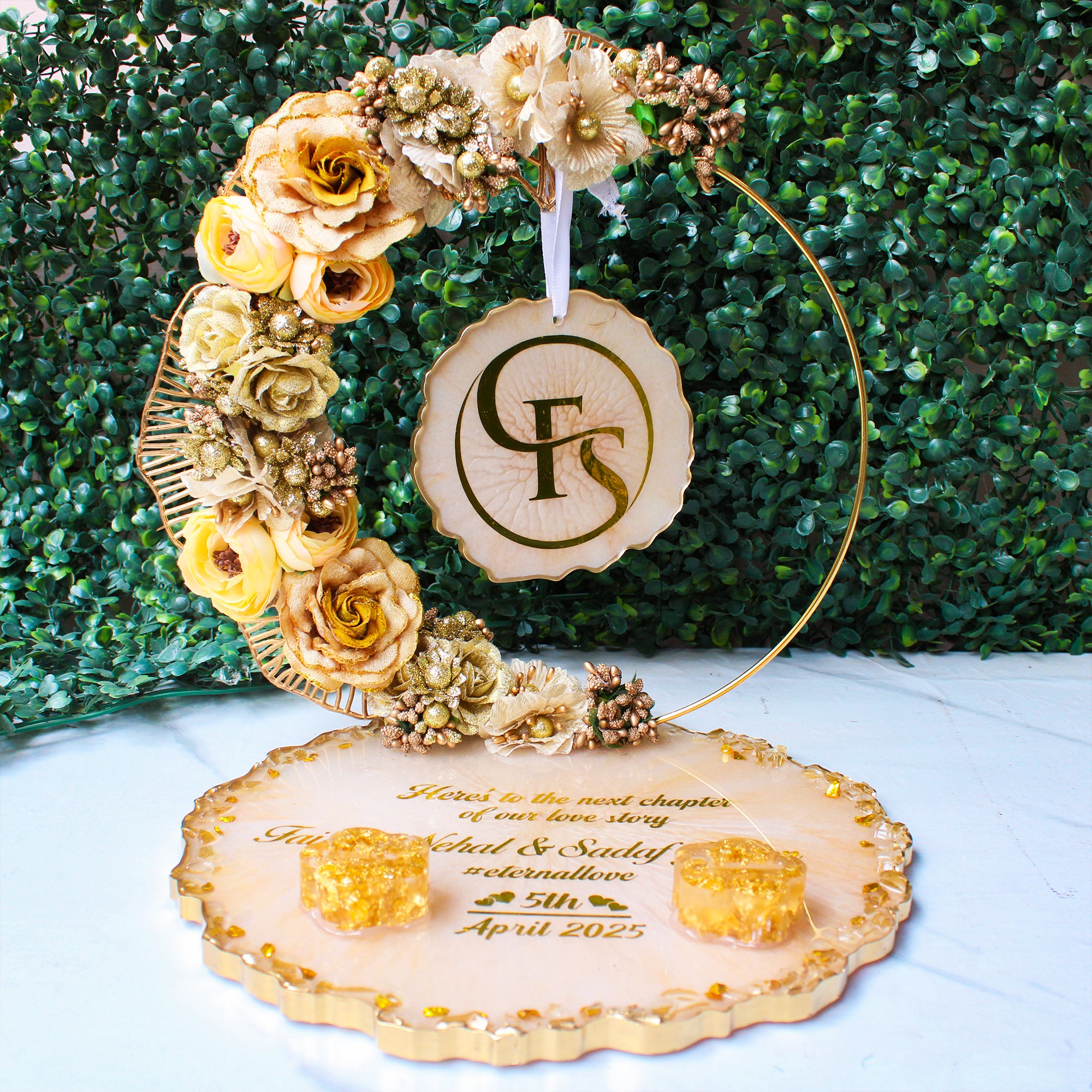 Rezica™ Royal Resin (Gold Themed) Wedding Engagement Ring Platter with 2 Premium Ring Boxes and Heavy Flower Hoop (10 Inches)