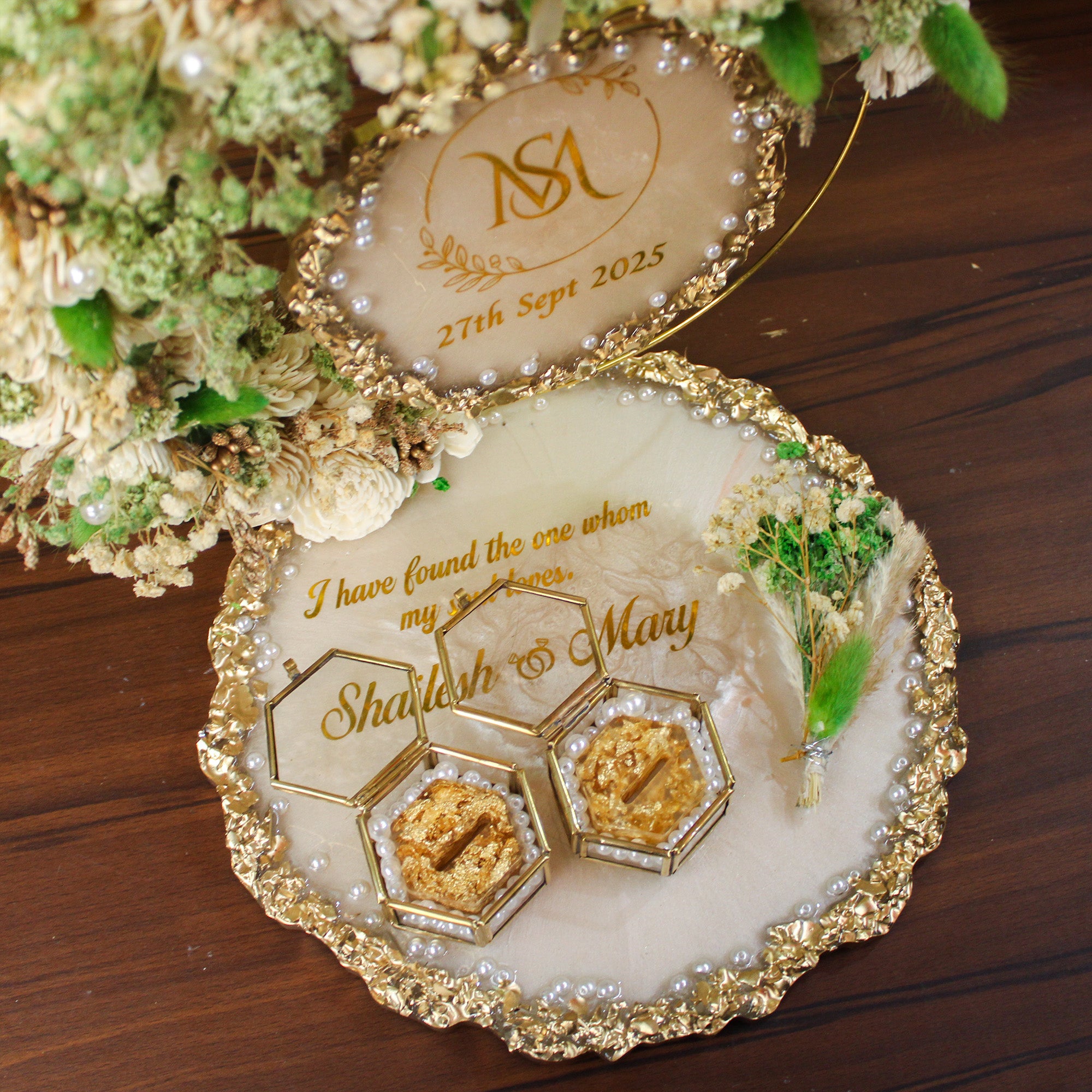 Rezica™ Royal Resin (Royal Floral Blossoms) Engagement Ring Platter with 2 Premium Ring Boxes and Heavy Flower Hoop (10 Inch Base)