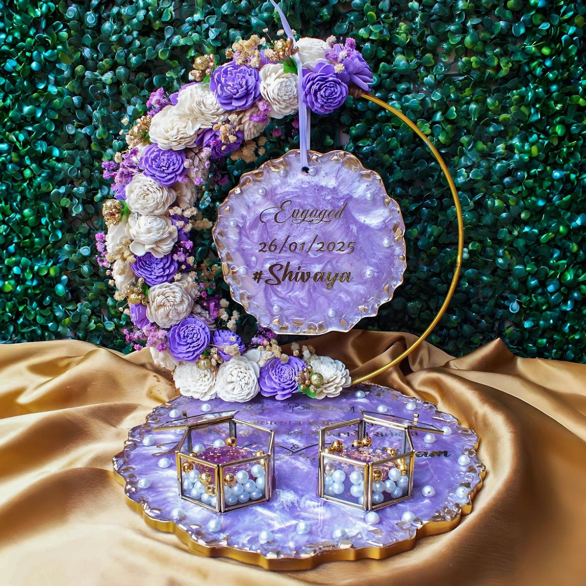 Rezica™ Royal Resin (Royale Lavender Themed) Wedding Engagement Ring Platter with 2 Premium Ring Boxes and Heavy Flower Hoop (Customizable Colours)
