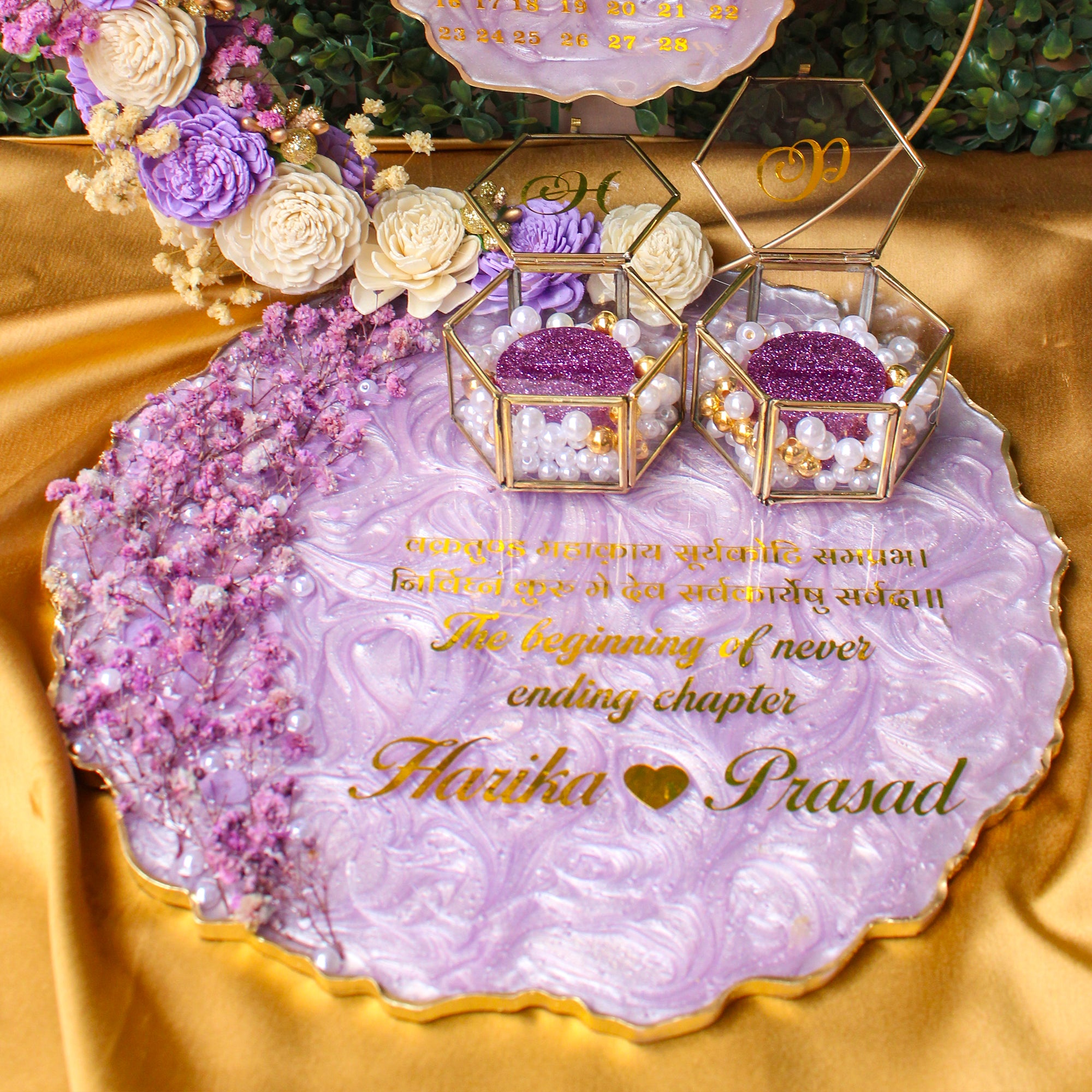 Rezica™ Royal Resin (Lavender Floral) Engagement Ring Platter with 2 Premium Ring Boxes and Heavy Flower Hoop (10 Inch Base)