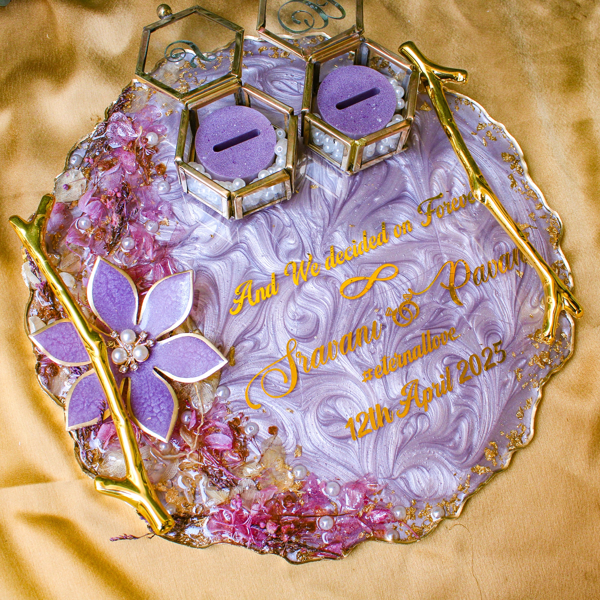 Rezica™ Royal Resin (Lavender Themed) Wedding Engagement Ring Platter with 2 Premium Ring Boxes made with Real Dry Flowers (10 Inches)