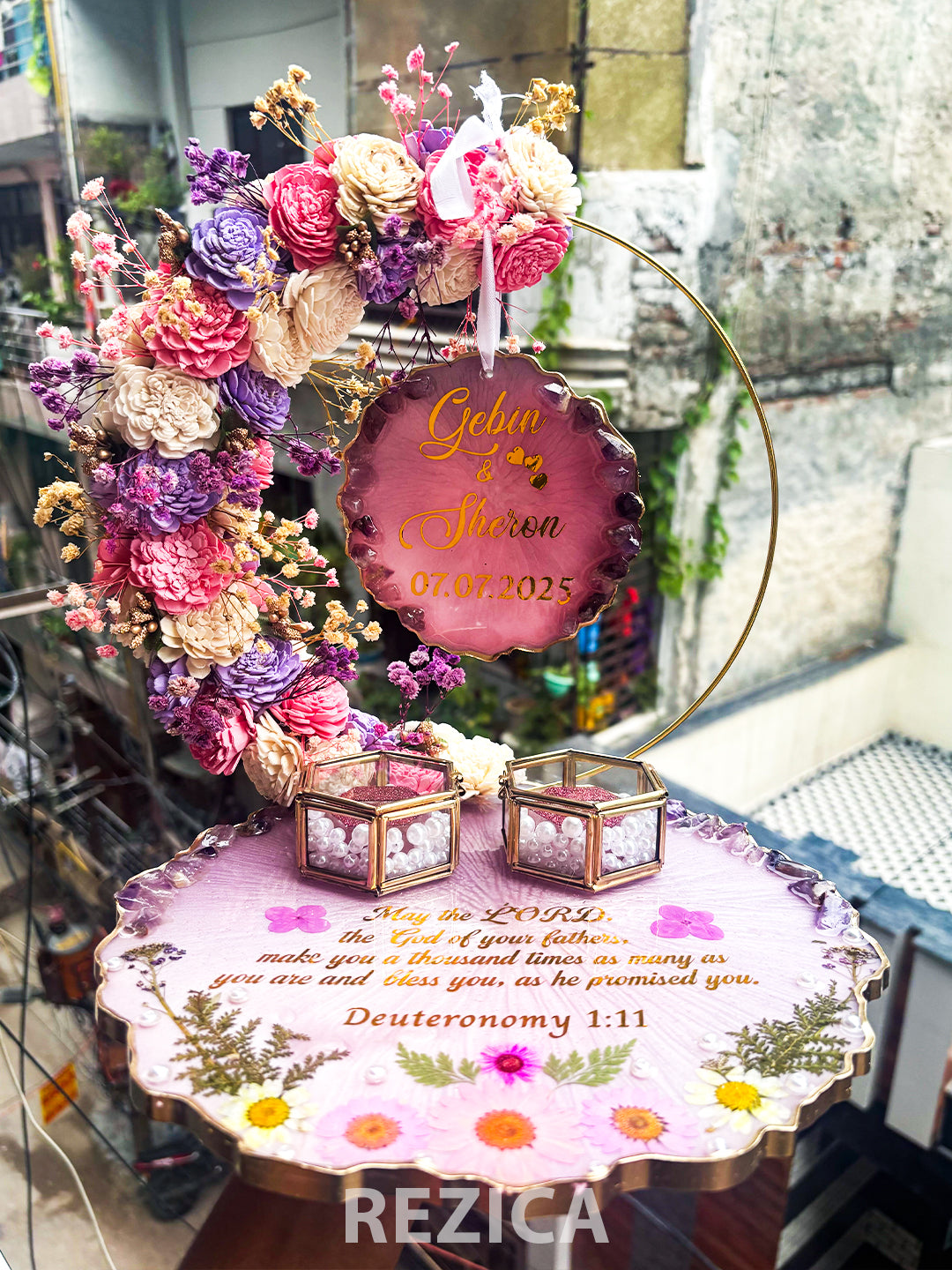 Rezica™ Royal Resin (Pink Lavender Fusion) Engagement Ring Platter with 2 Premium Ring Boxes and Heavy Flower Hoop (10 Inch Base)