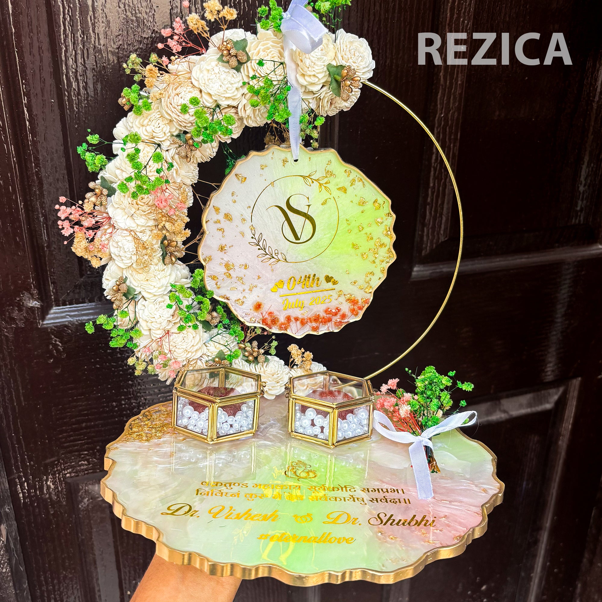 Rezica™ Royal Resin (White n Lime ) Engagement Ring Platter with 2 Premium Ring Boxes and Heavy Flower Hoop (10 Inch Base)