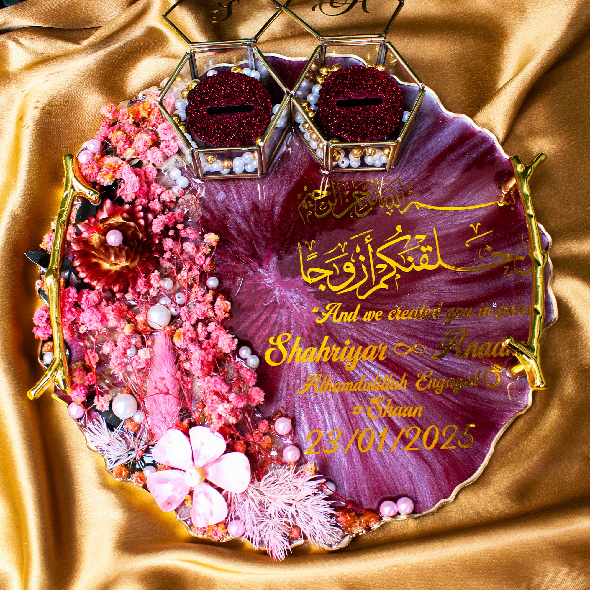 Rezica™ Royal Resin (Wine Themed) Wedding Engagement Ring Platter with 2 Premium Ring Boxes made with Real Dry Flowers (10 Inches)