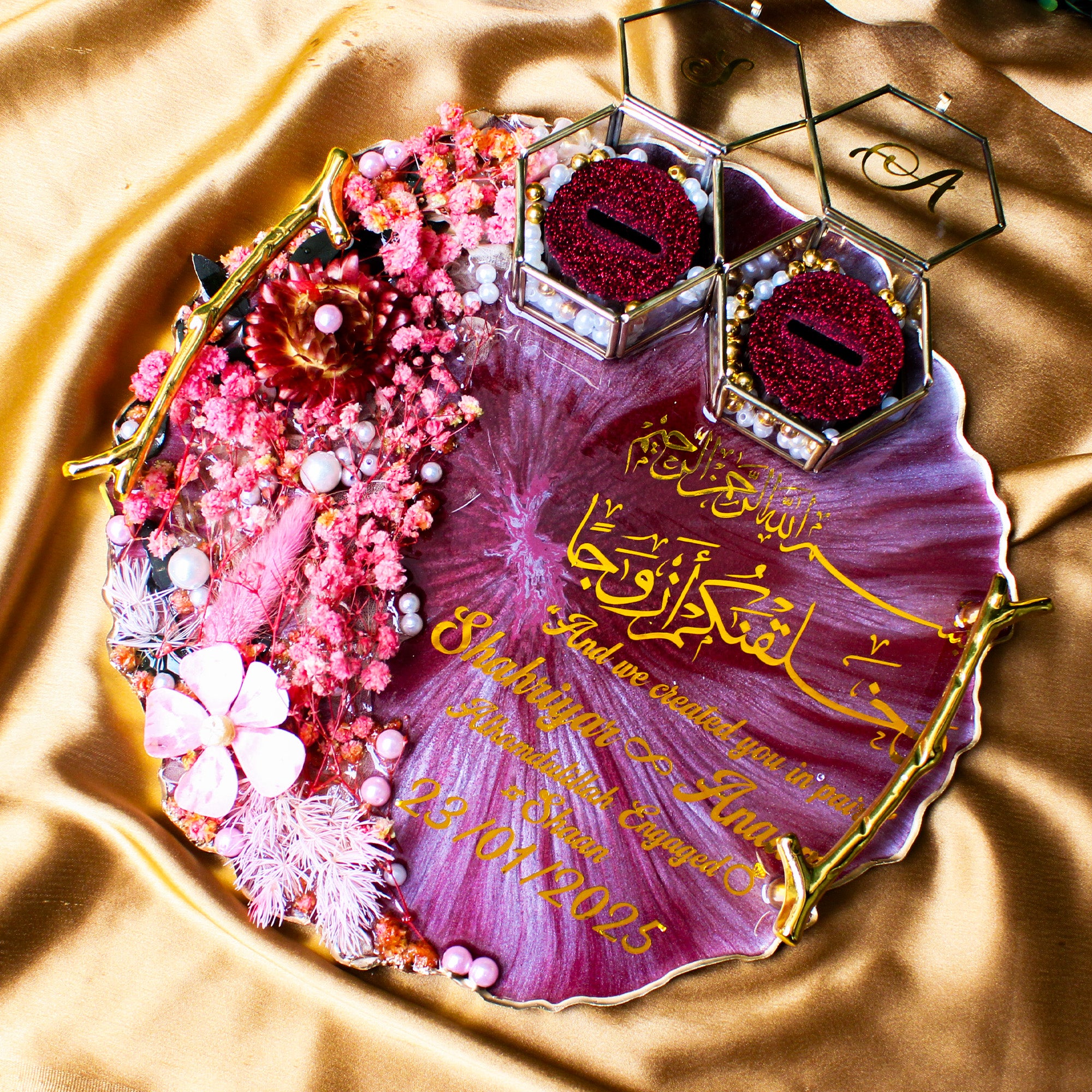 Rezica™ Royal Resin (Wine Themed) Wedding Engagement Ring Platter with 2 Premium Ring Boxes made with Real Dry Flowers (10 Inches)