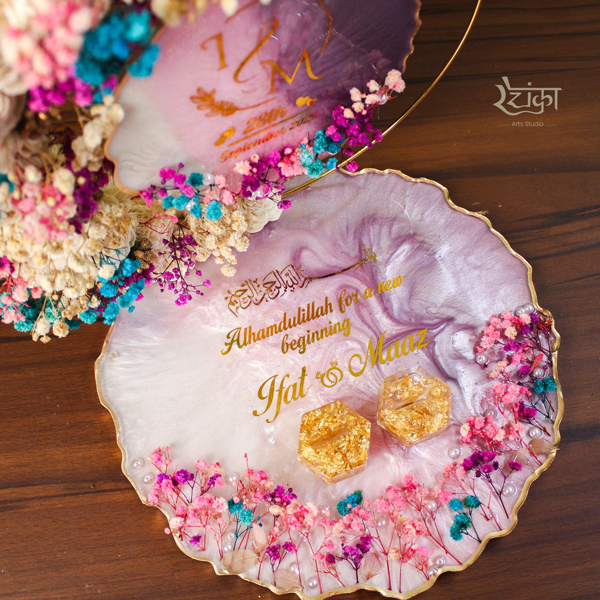 Rezica™ Royal Resin (Floral Symphony) Engagement Ring Platter with 2 Premium Ring Boxes and Heavy Flower Hoop