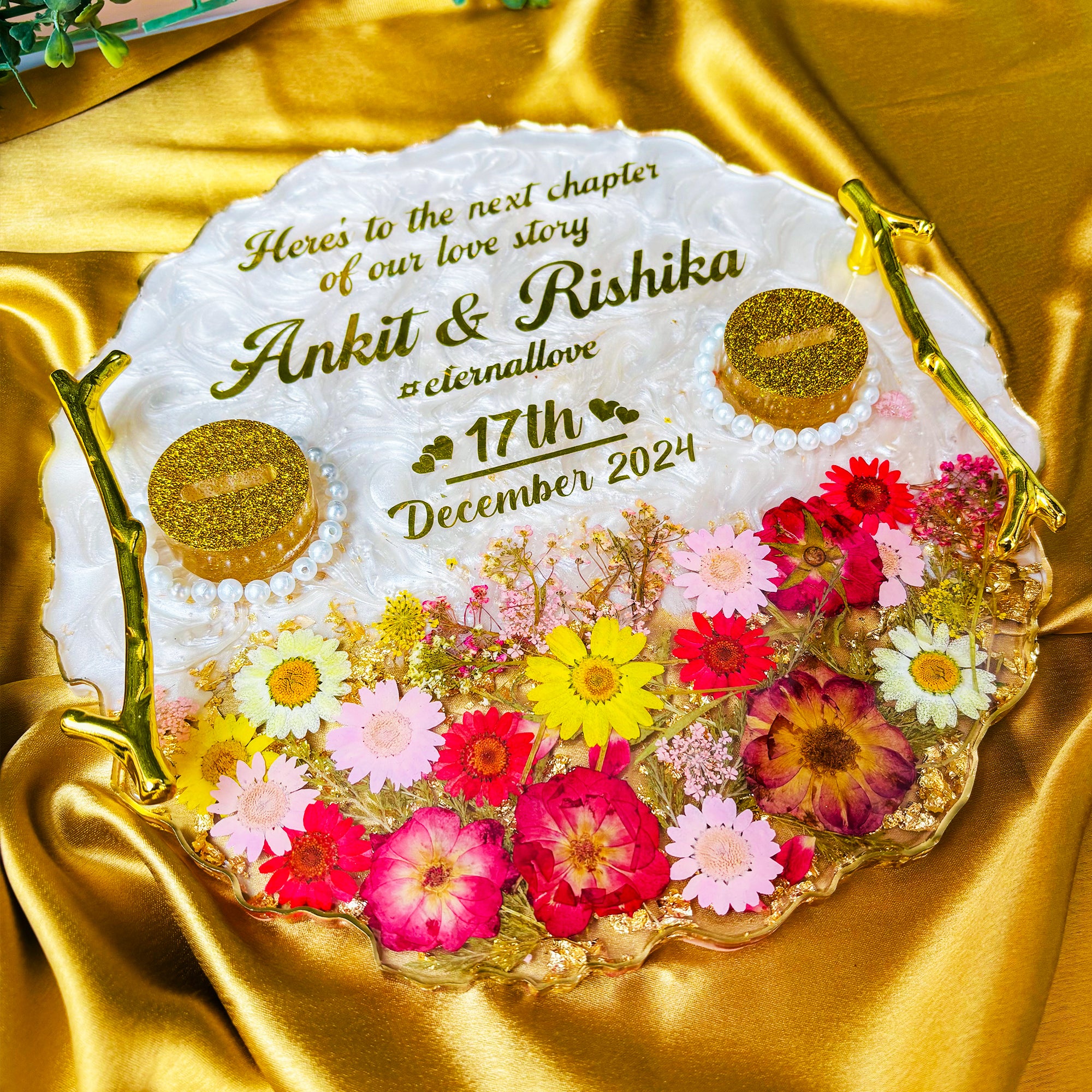 Rezica™ Royal Resin (White Garden Symphony) Wedding Engagement Ring Platter with 2 Premium Ring Boxes made with Real Dry Flowers (10 Inches)