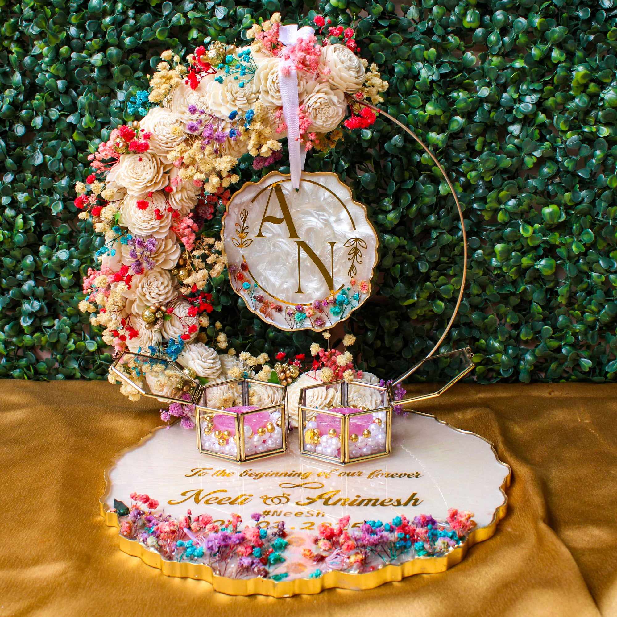 Rezica™ Royal Resin (Multicolor Themed) Wedding Engagement Ring Platter with 2 Premium Ring Boxes and Heavy Flower Hoop (10 Inch Base)