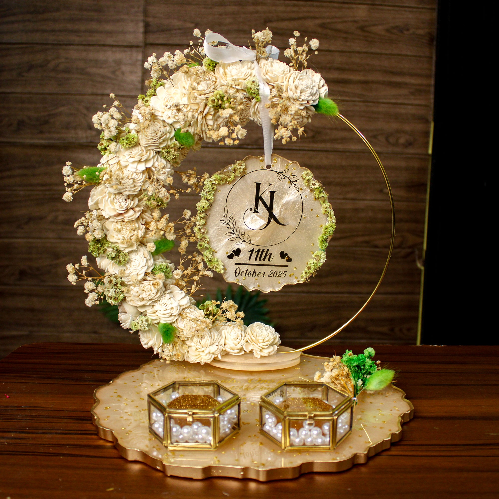 Rezica™ Royal Resin (Green Mist) Engagement Ring Platter with 2 Premium Ring Boxes and Heavy Flower Hoop
