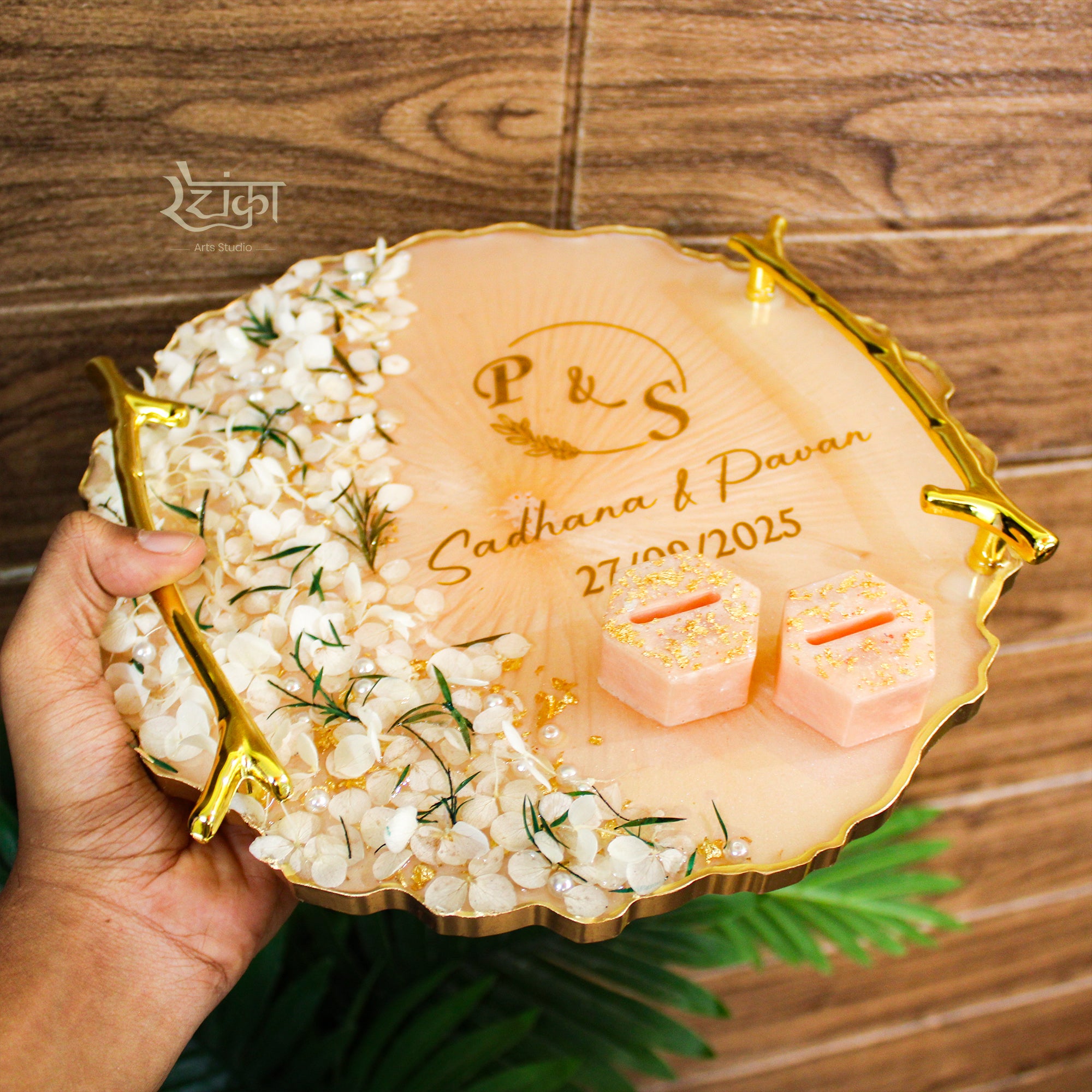Rezica™ Royal Resin (Floral Peach Glow) Wedding Engagement Ring Platter with 2 Premium Ring Boxes made with Real Dry Flowers