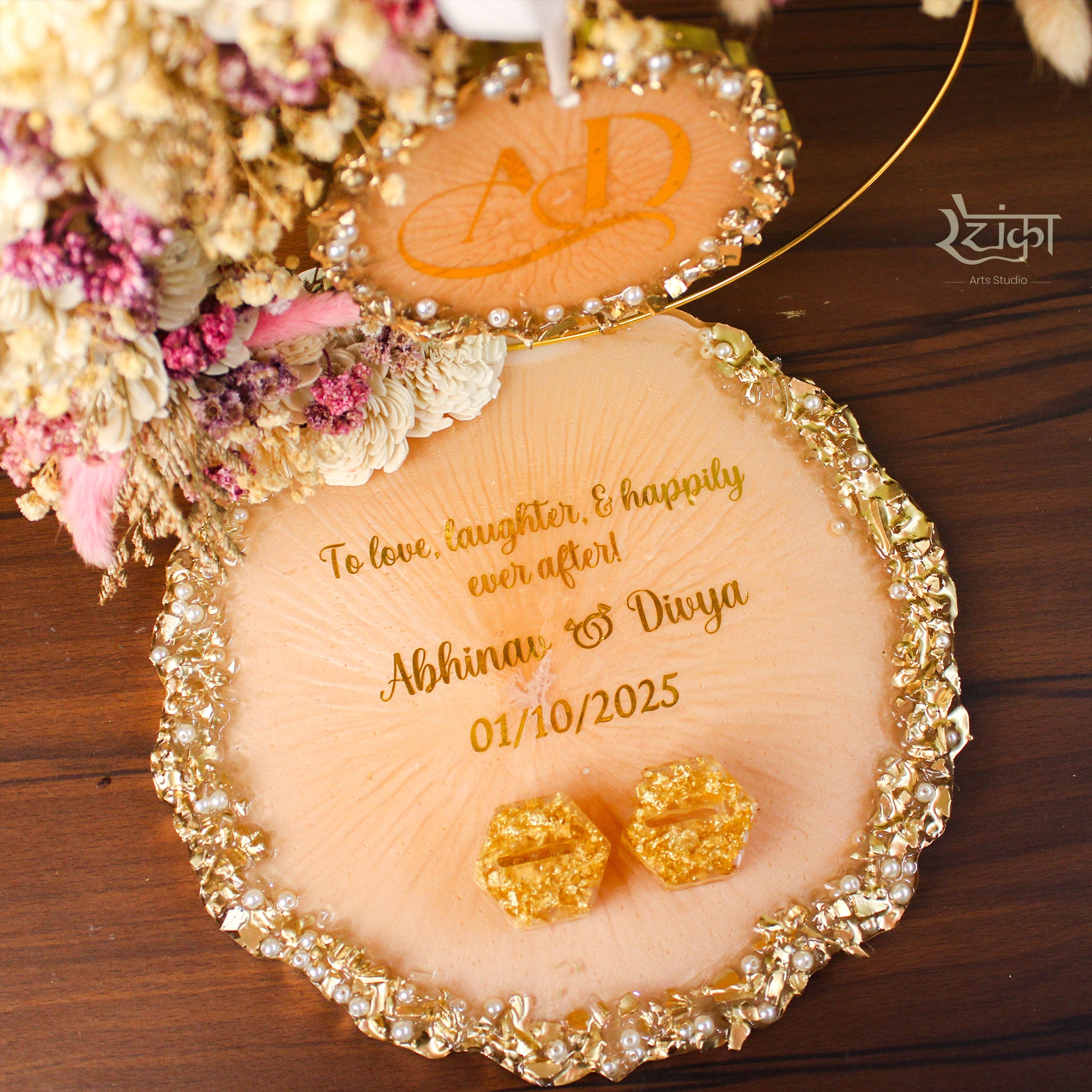 Rezica™ Royal Resin (Royal Peach Serenity) Engagement Ring Platter with 2 Premium Ring Boxes and Heavy Flower Hoop (10 Inch Base)