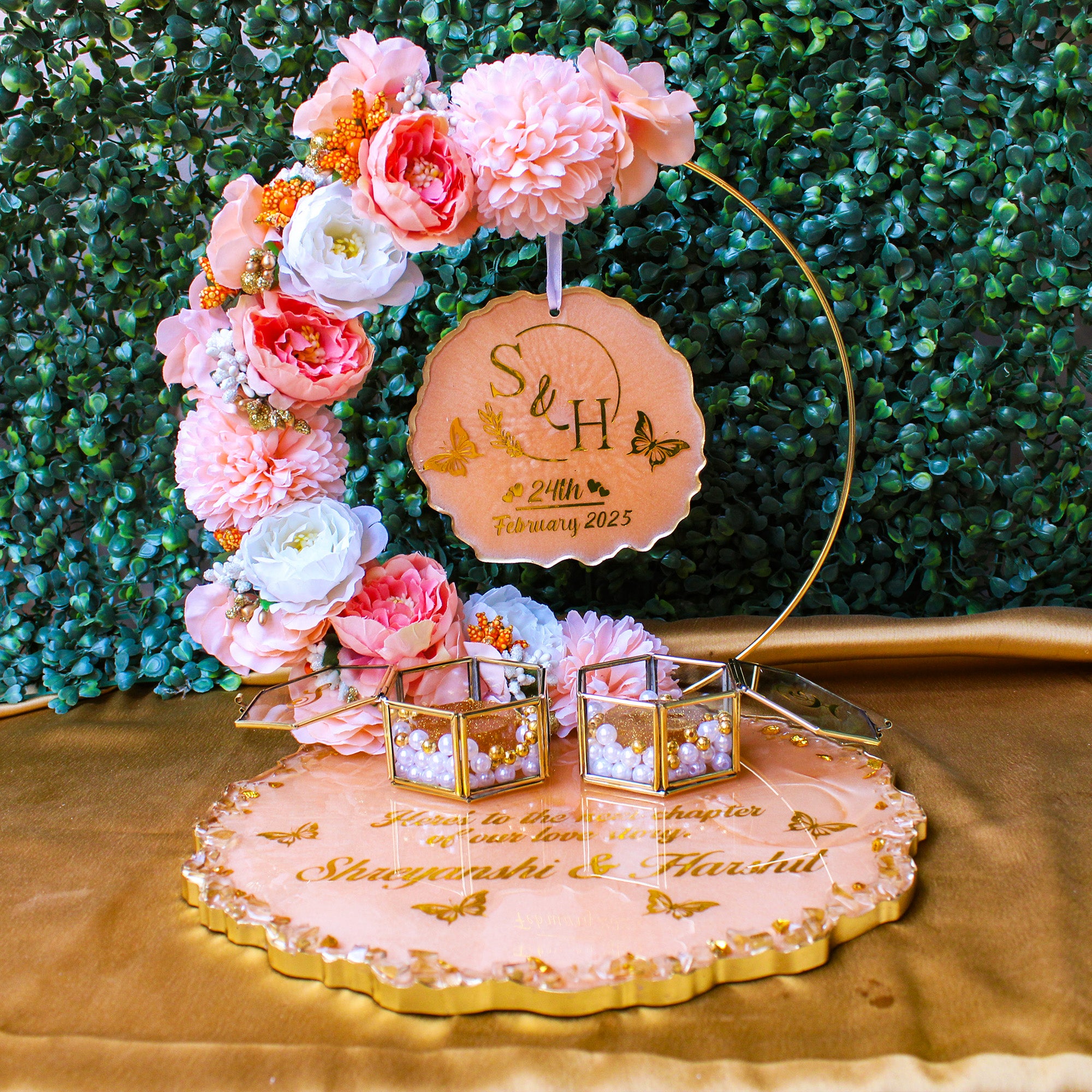 Rezica™ Royal Resin (Peach White Themed) Wedding Engagement Ring Platter with 2 Premium Ring Boxes and Heavy Flower Hoop (10 Inch Base)