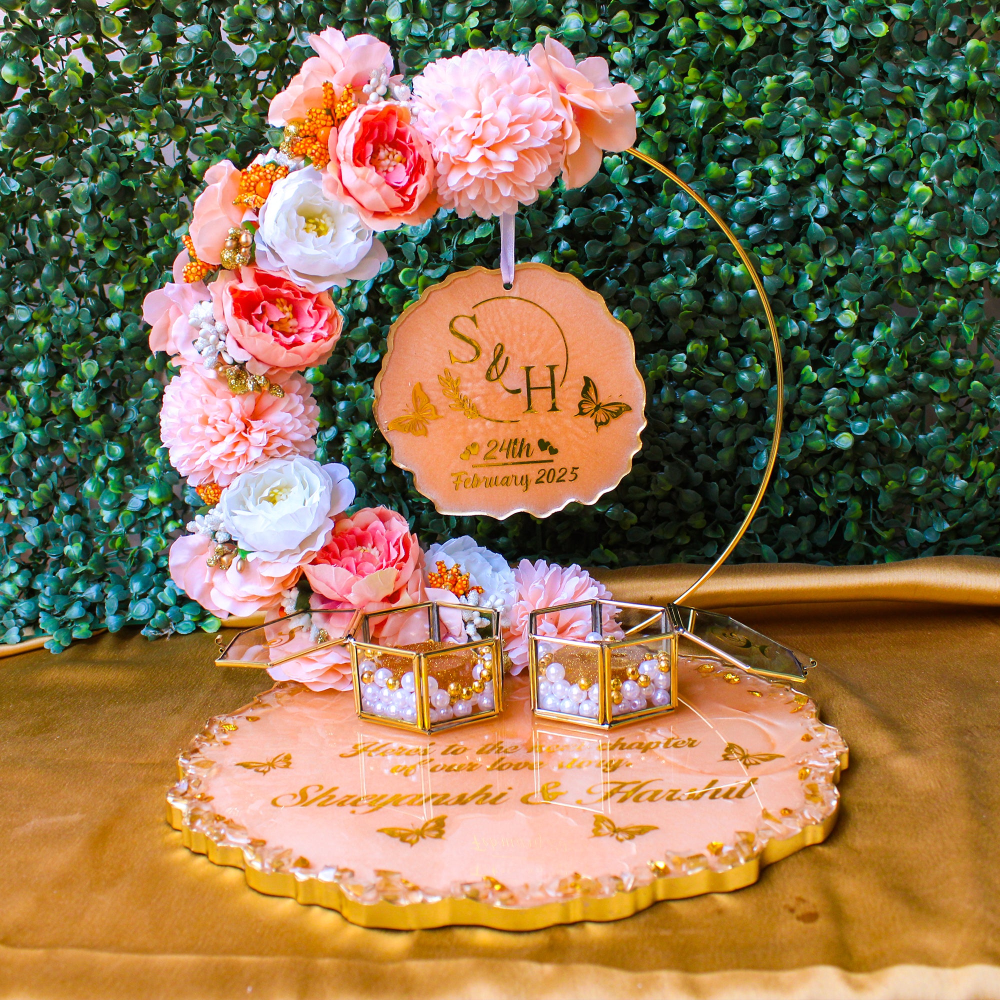 Rezica™ Royal Resin (Peach White Themed) Wedding Engagement Ring Platter with 2 Premium Ring Boxes and Heavy Flower Hoop (10 Inch Base)