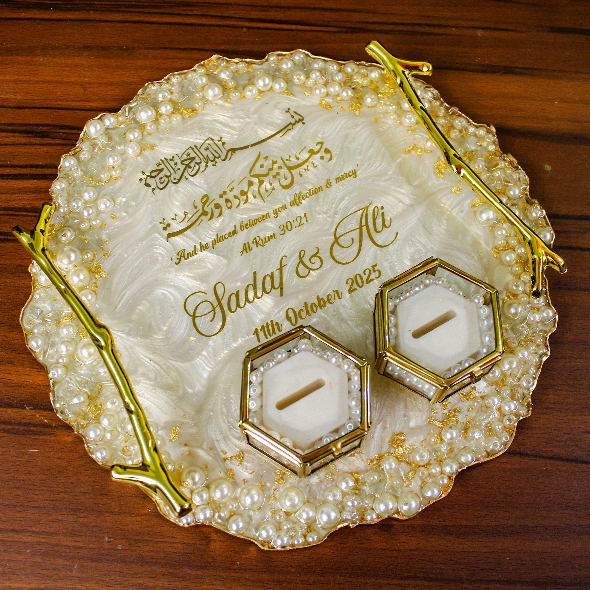 Rezica™ Royal Resin (Ivory Pearl) Wedding Engagement Ring Platter with 2 Premium Ring Boxes made with Real Dry Flowers