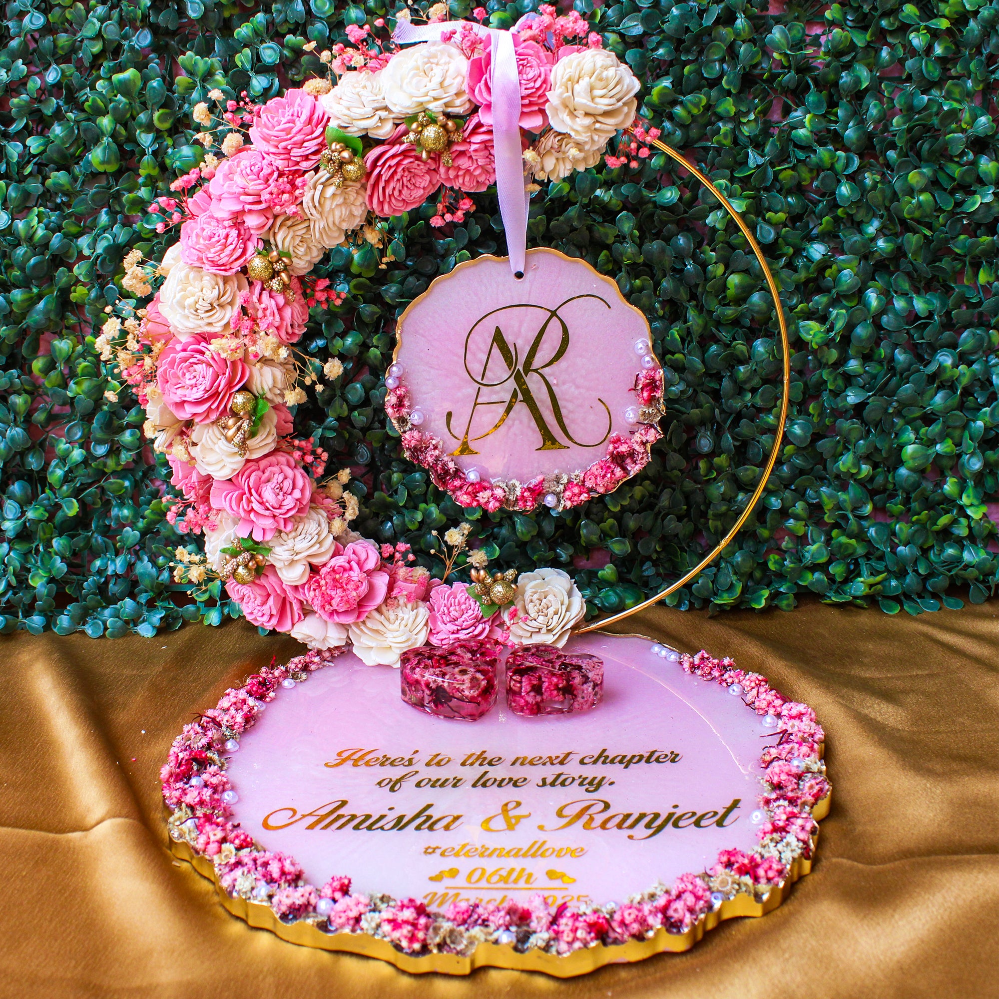 Rezica™ Royal Resin (Pink Royale Floral) Engagement Ring Platter with 2 Premium Ring Boxes and Heavy Flower Hoop (10 Inch Base)