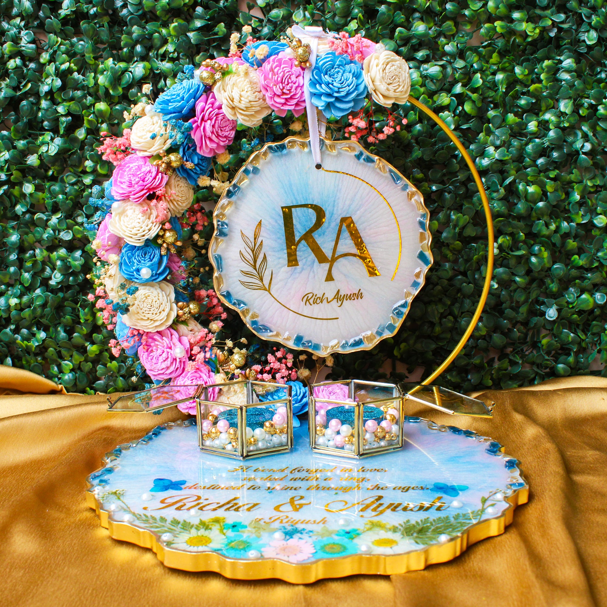 Rezica™ Royal Resin (Pink N Blue Royal Themed) Engagement Ring Platter with 2 Premium Ring Boxes and Heavy Flower Hoop (10 Inch Base)