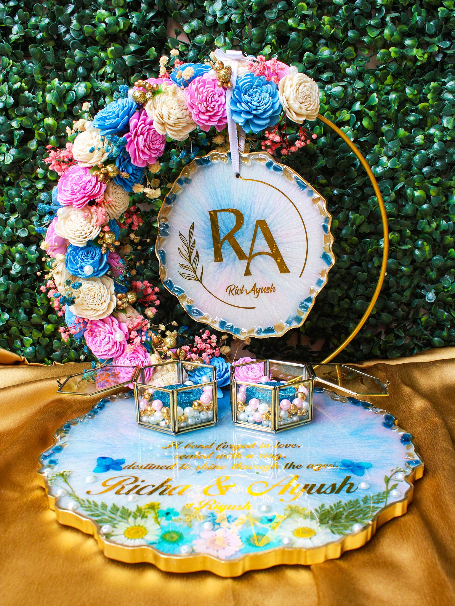 Rezica™ Royal Resin (Pink N Blue Royal Themed) Engagement Ring Platter with 2 Premium Ring Boxes and Heavy Flower Hoop (10 Inch Base)